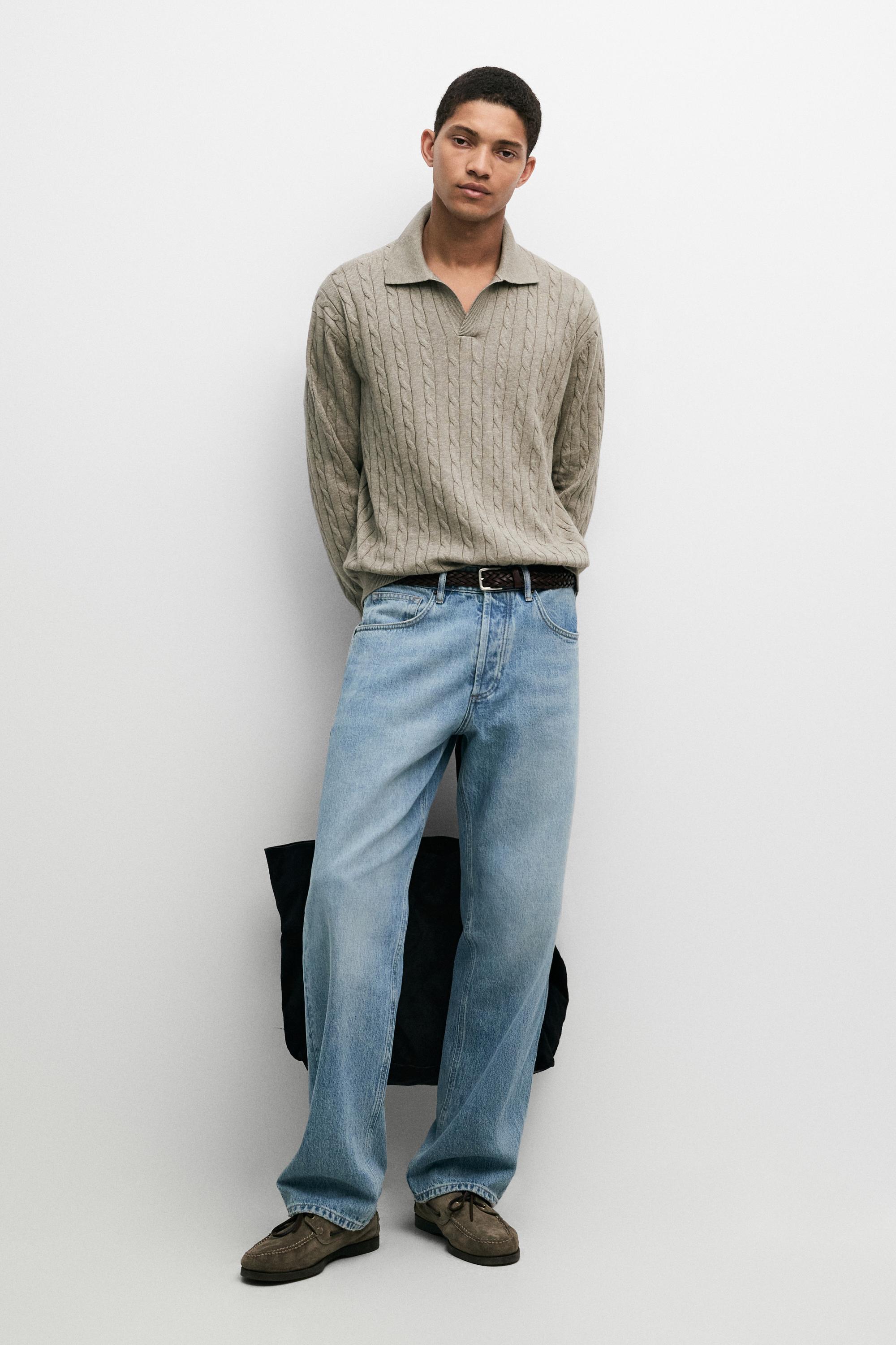 100% Cotton Cable-Knit Polo Sweater Greyish Green