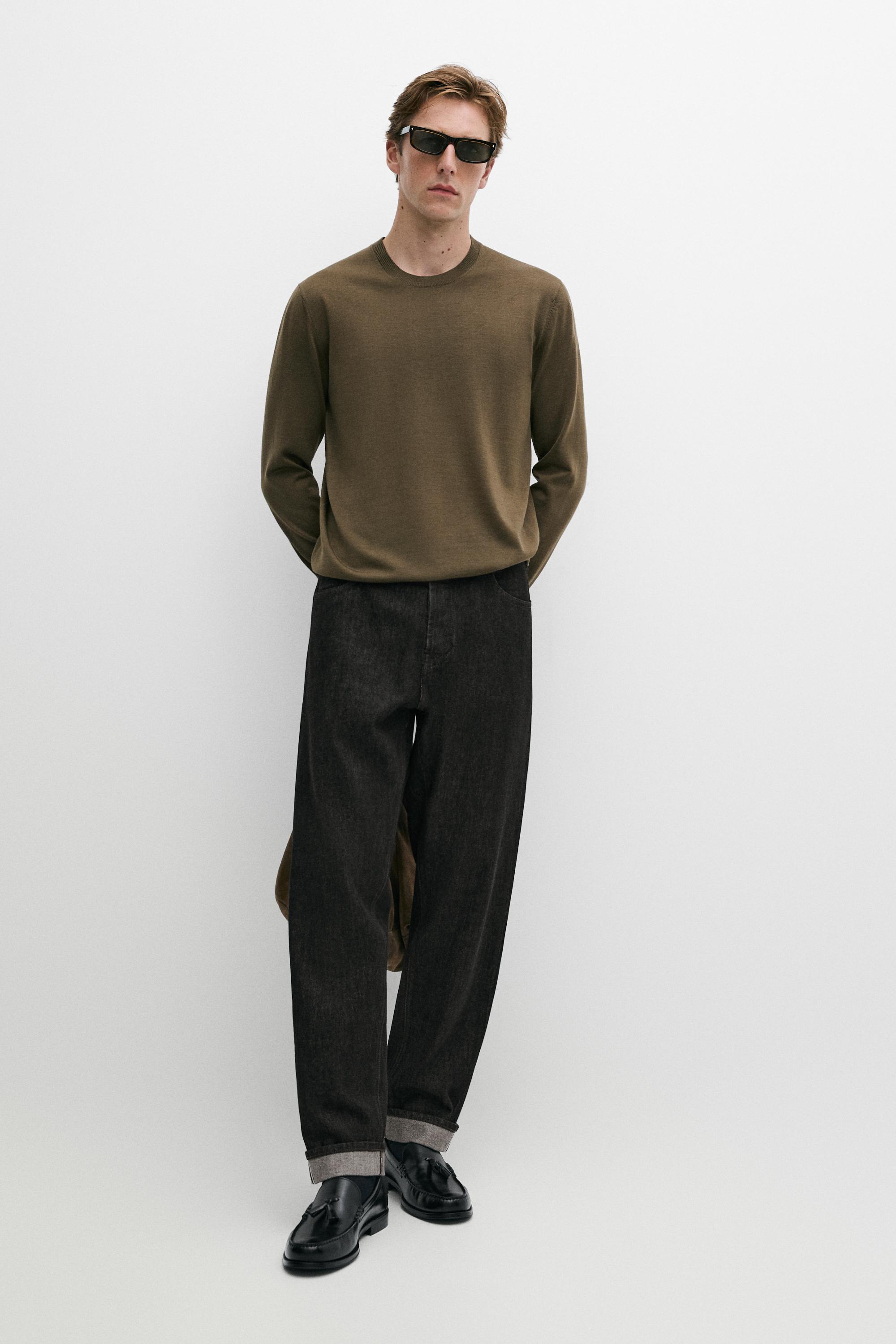 100% merino wool round neck knit sweater Oil