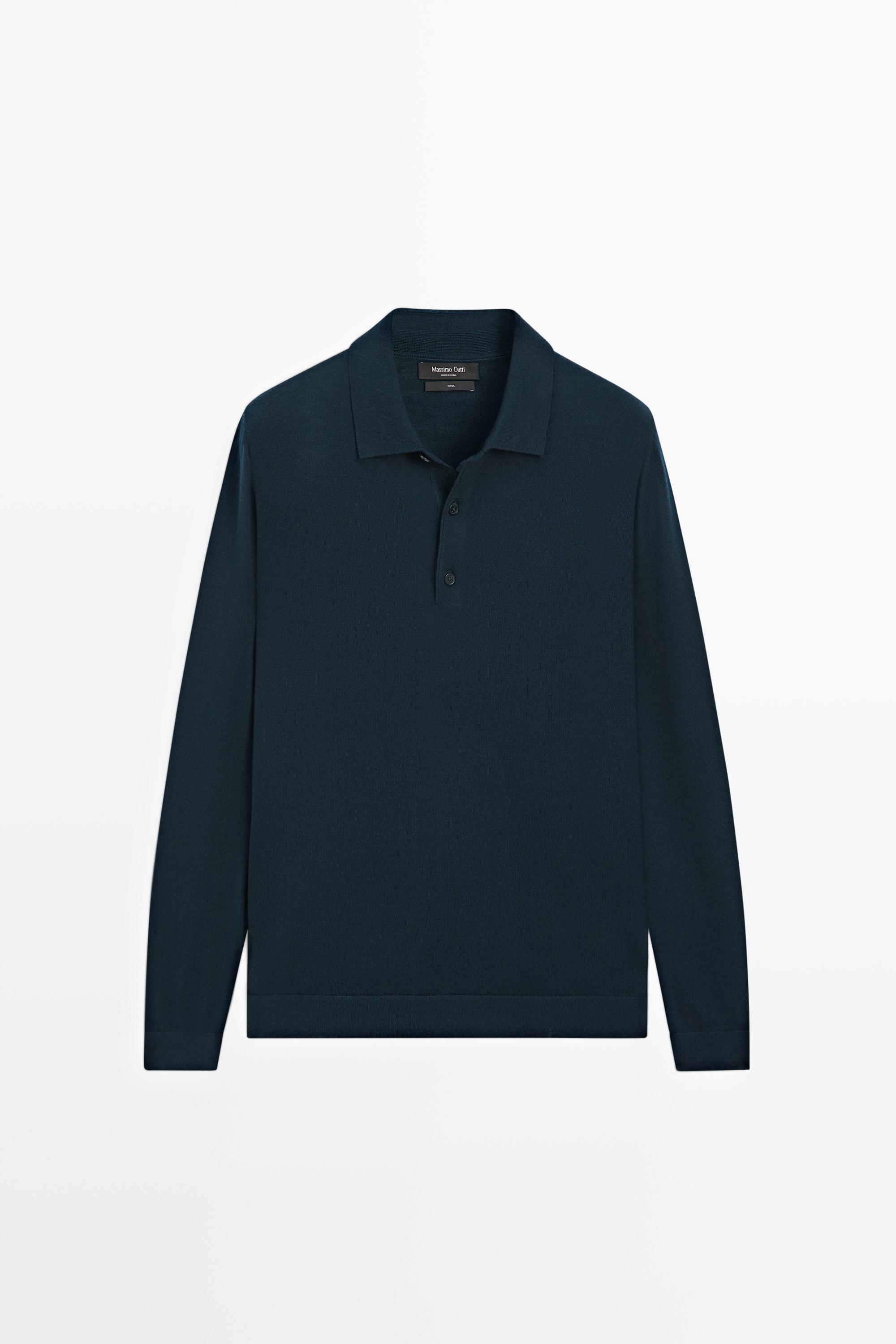 100% merino wool knit polo sweater Navy Blue