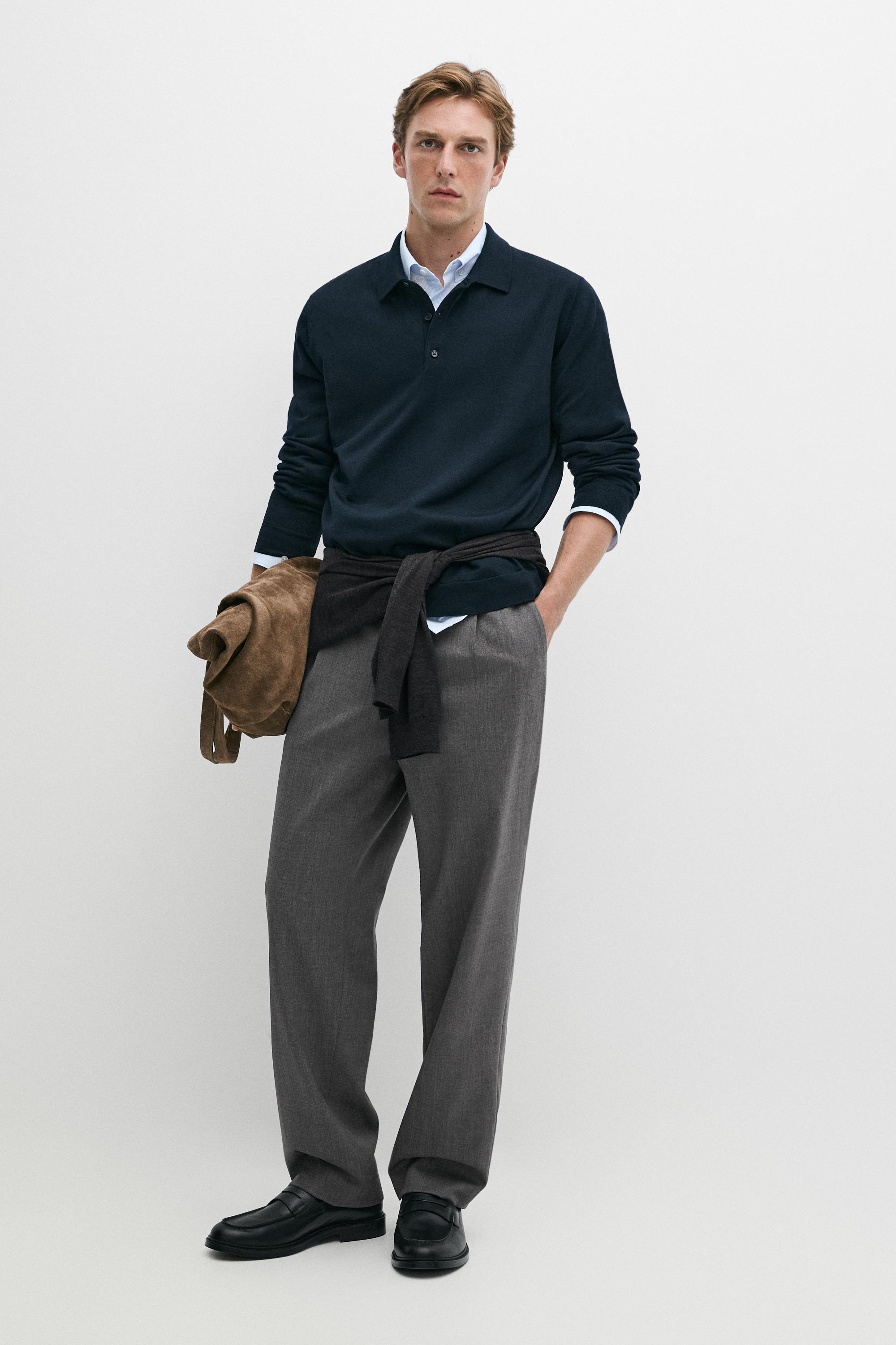100% merino wool knit polo sweater Navy Blue
