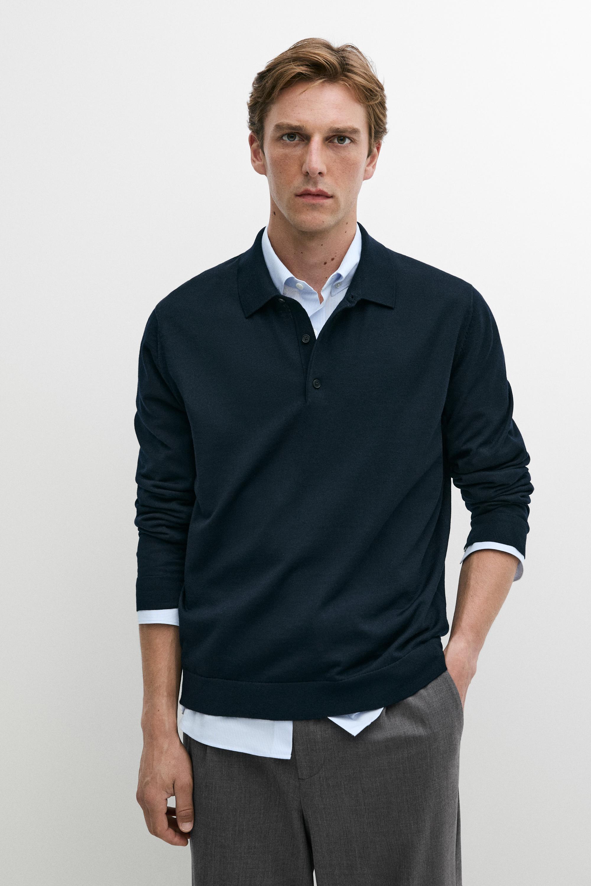 100% merino wool knit polo sweater Navy Blue