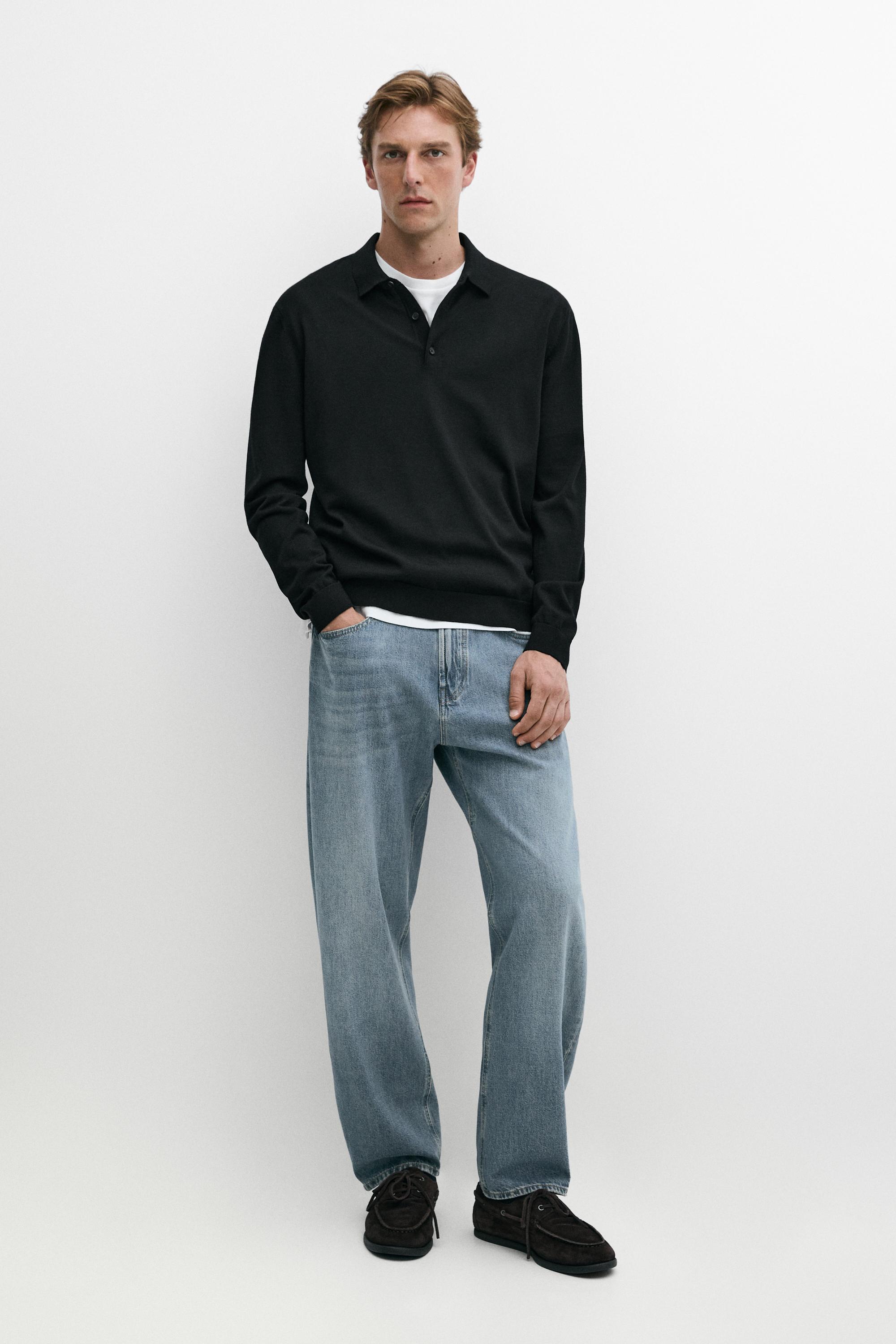 100% merino wool knit polo sweater Black