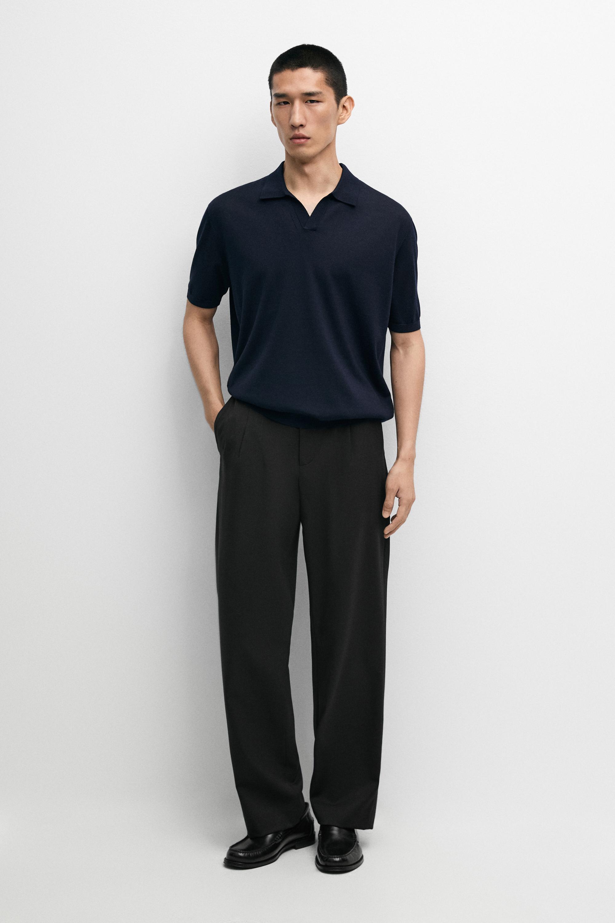 Short sleeve wool blend knit polo shirt Navy Blue