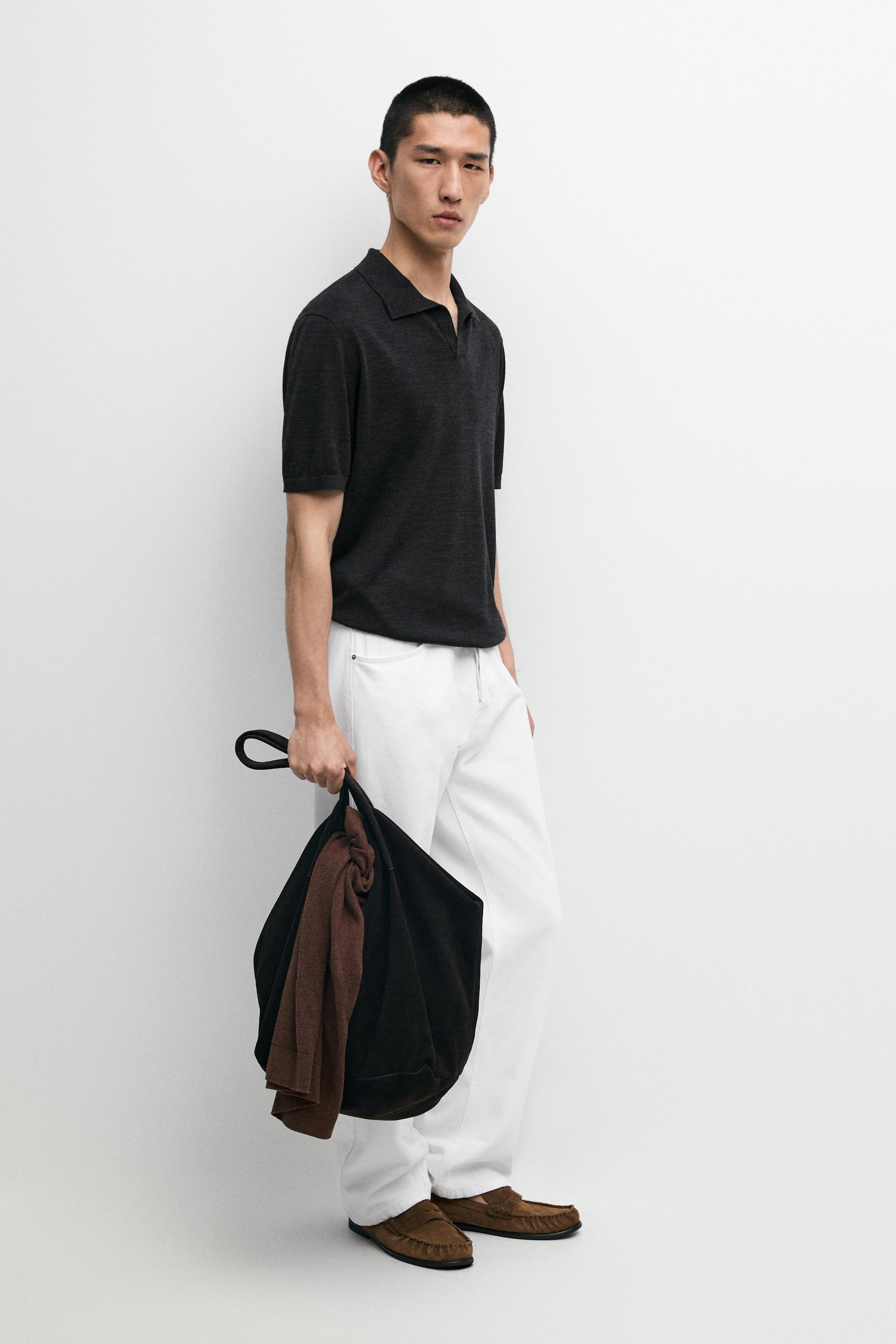 Short sleeve wool blend knit polo shirt Charcoal