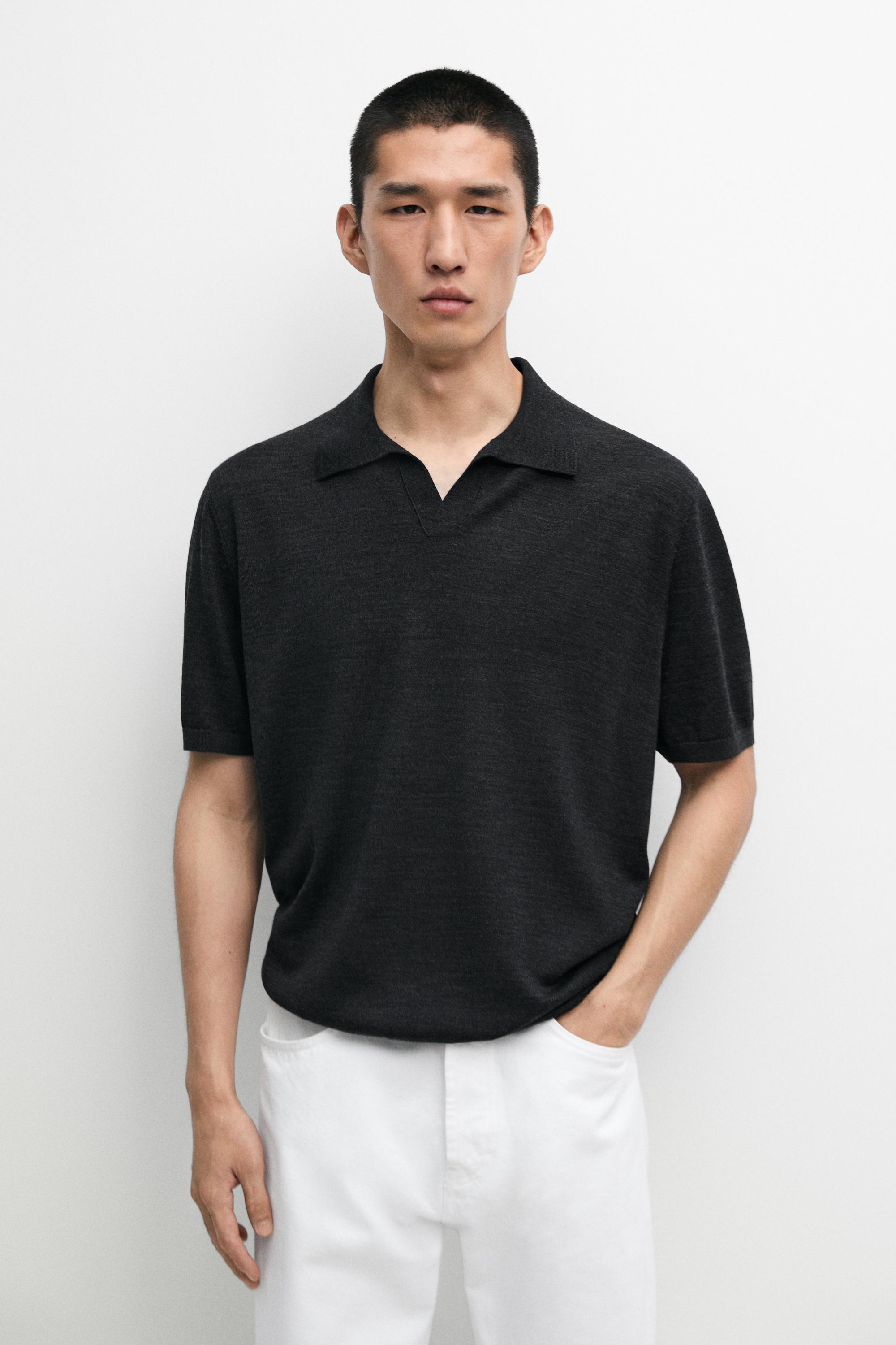 Short sleeve wool blend knit polo shirt Charcoal