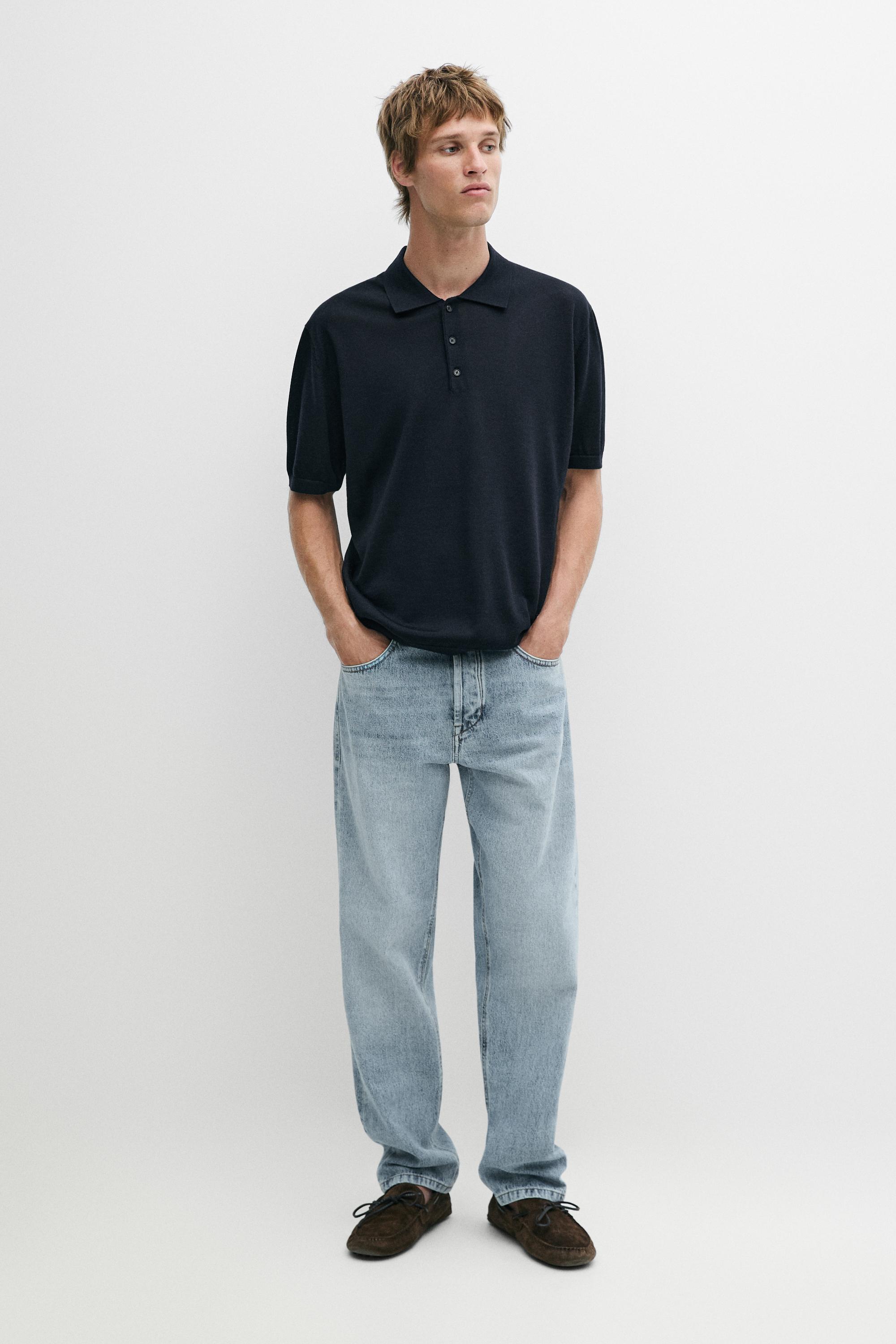 Wool blend knit polo shirt Navy Blue