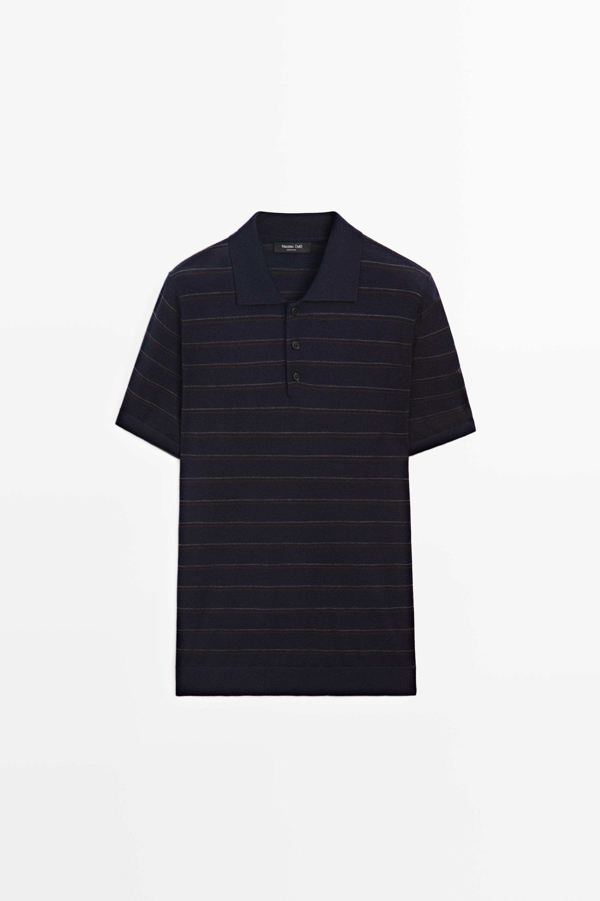 Striped short sleeve knit polo sweater Navy Blue