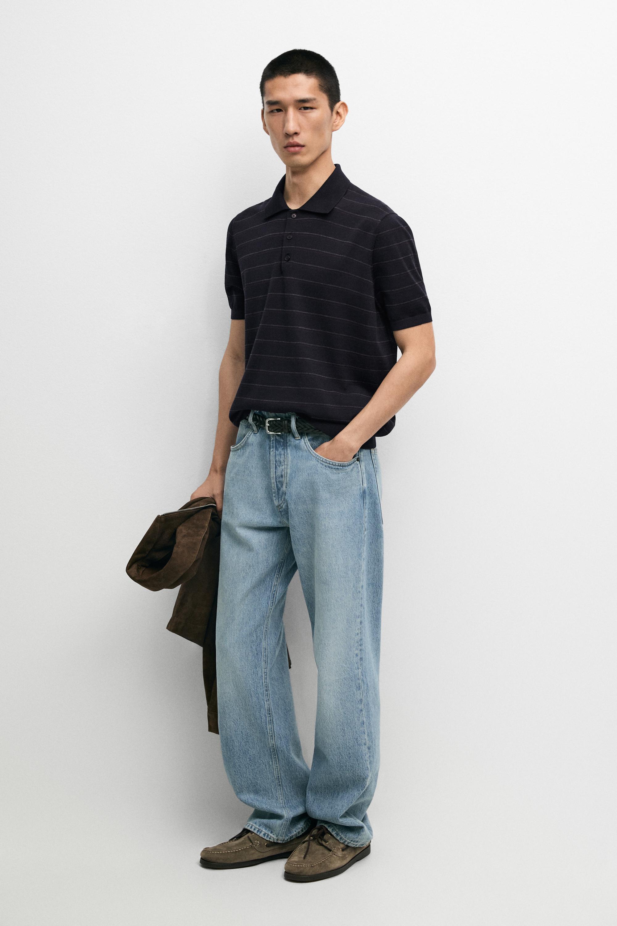 Striped short sleeve knit polo sweater Navy Blue