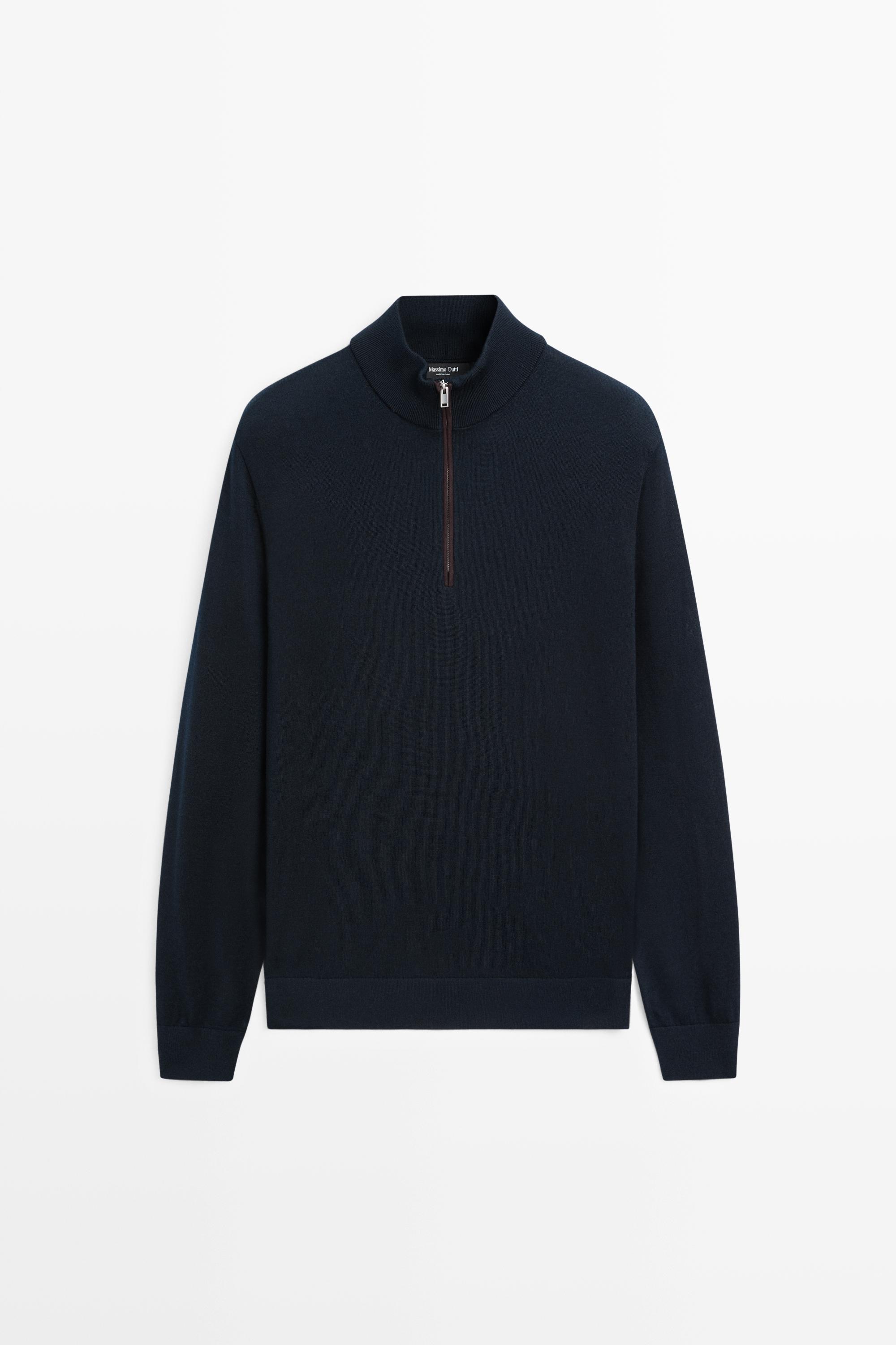 Merino wool blend mock neck knit sweater Navy Blue