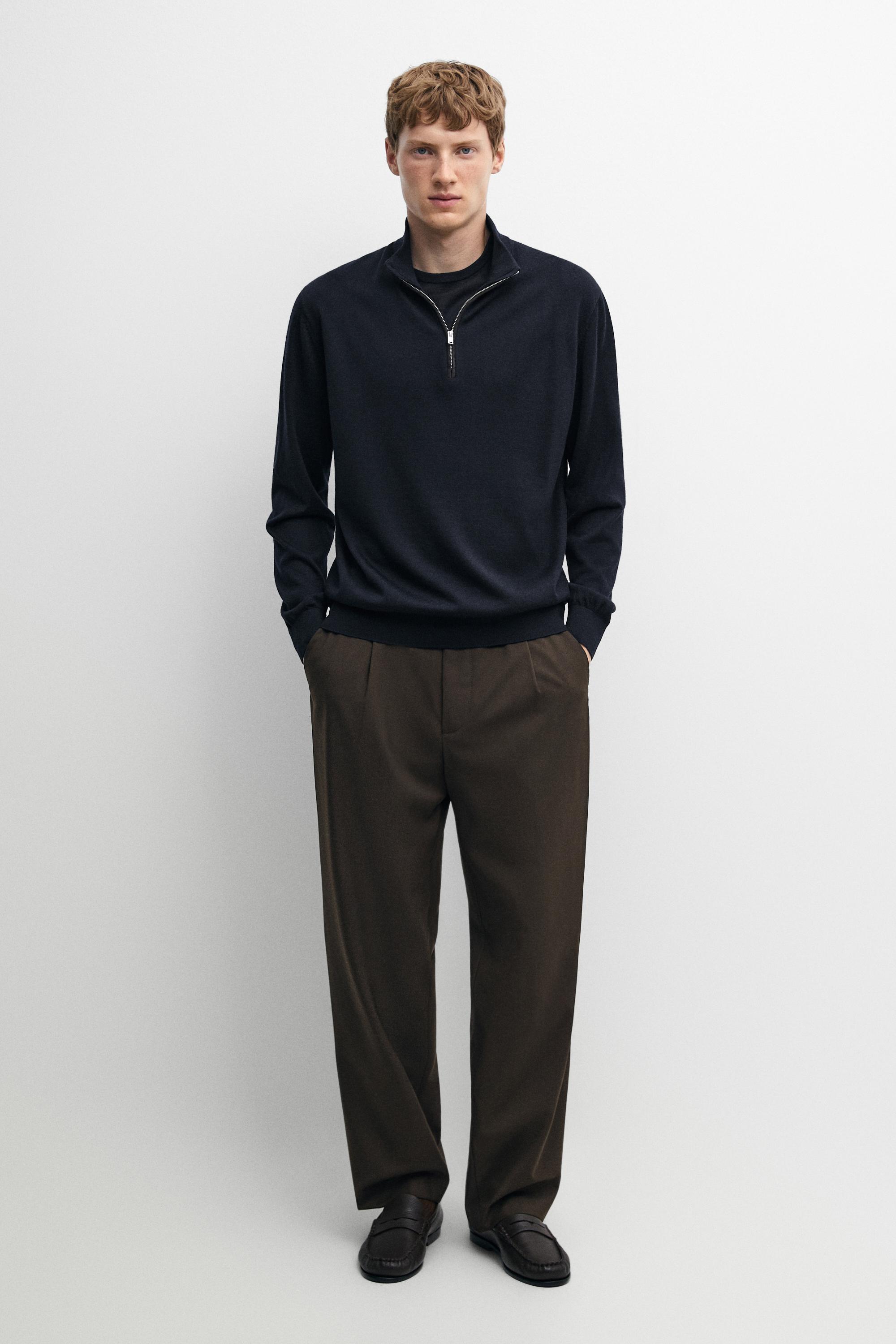 Merino wool blend mock neck knit sweater Navy Blue