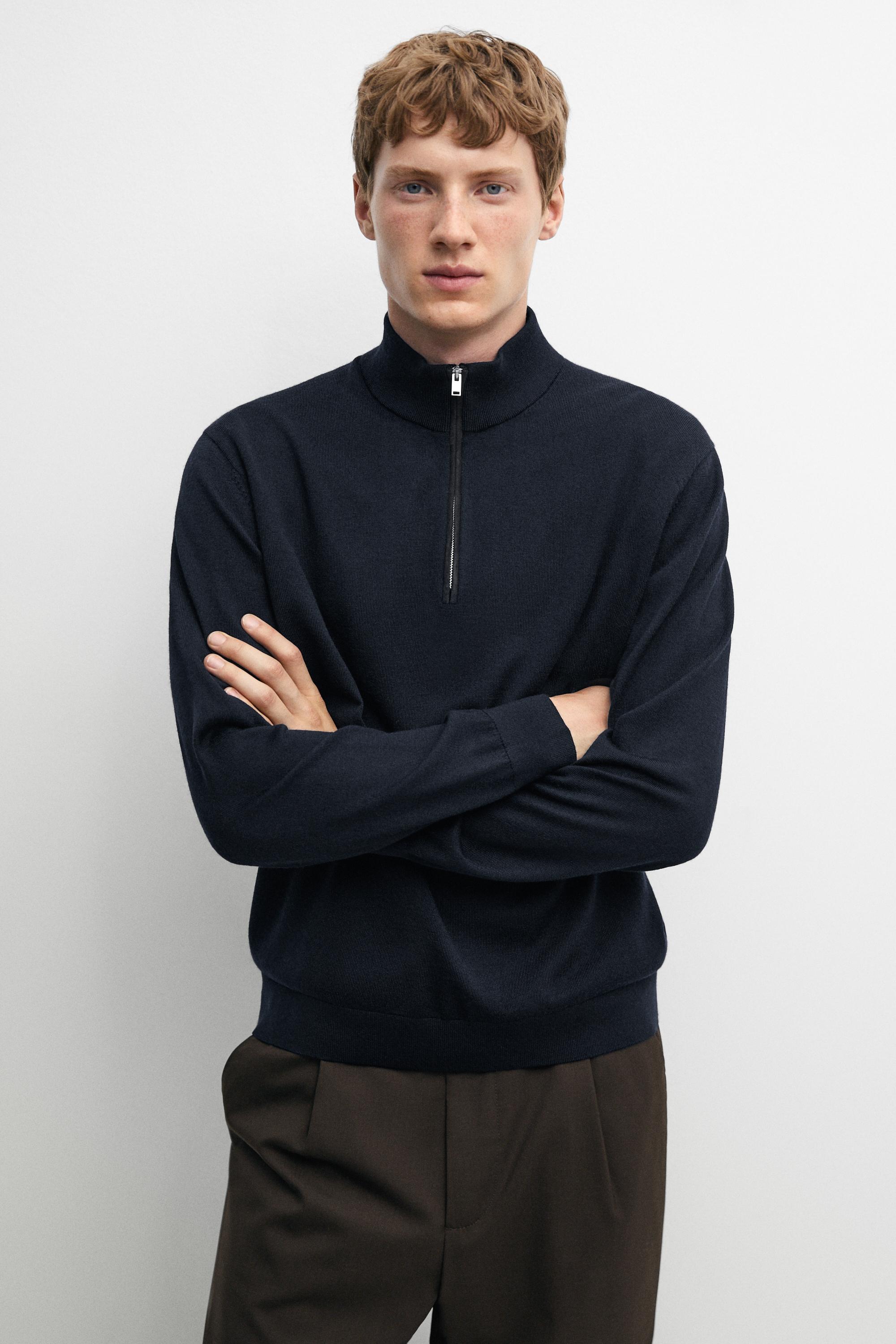 Merino wool blend mock neck knit sweater Navy Blue