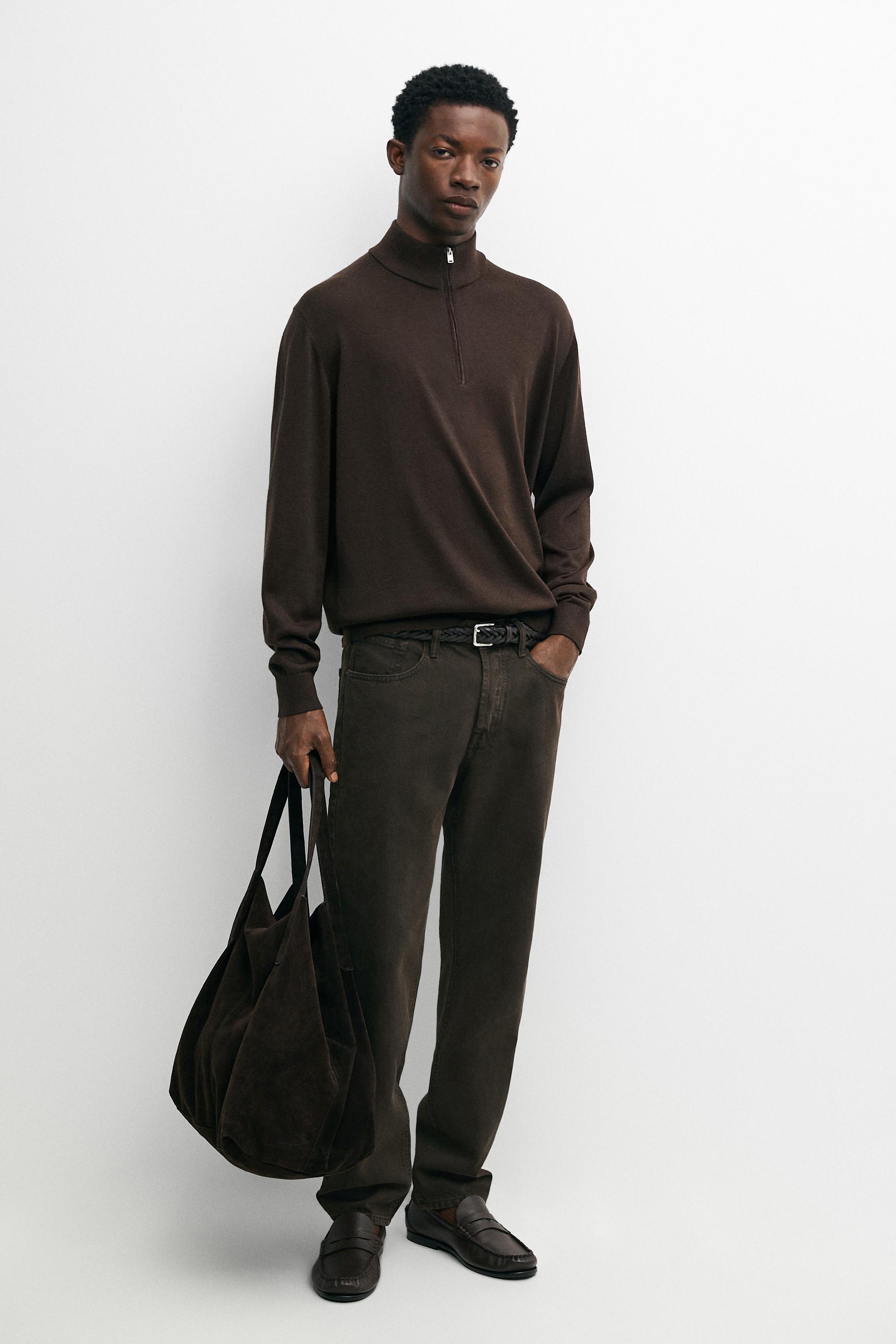 Merino wool blend mock neck knit sweater Brown