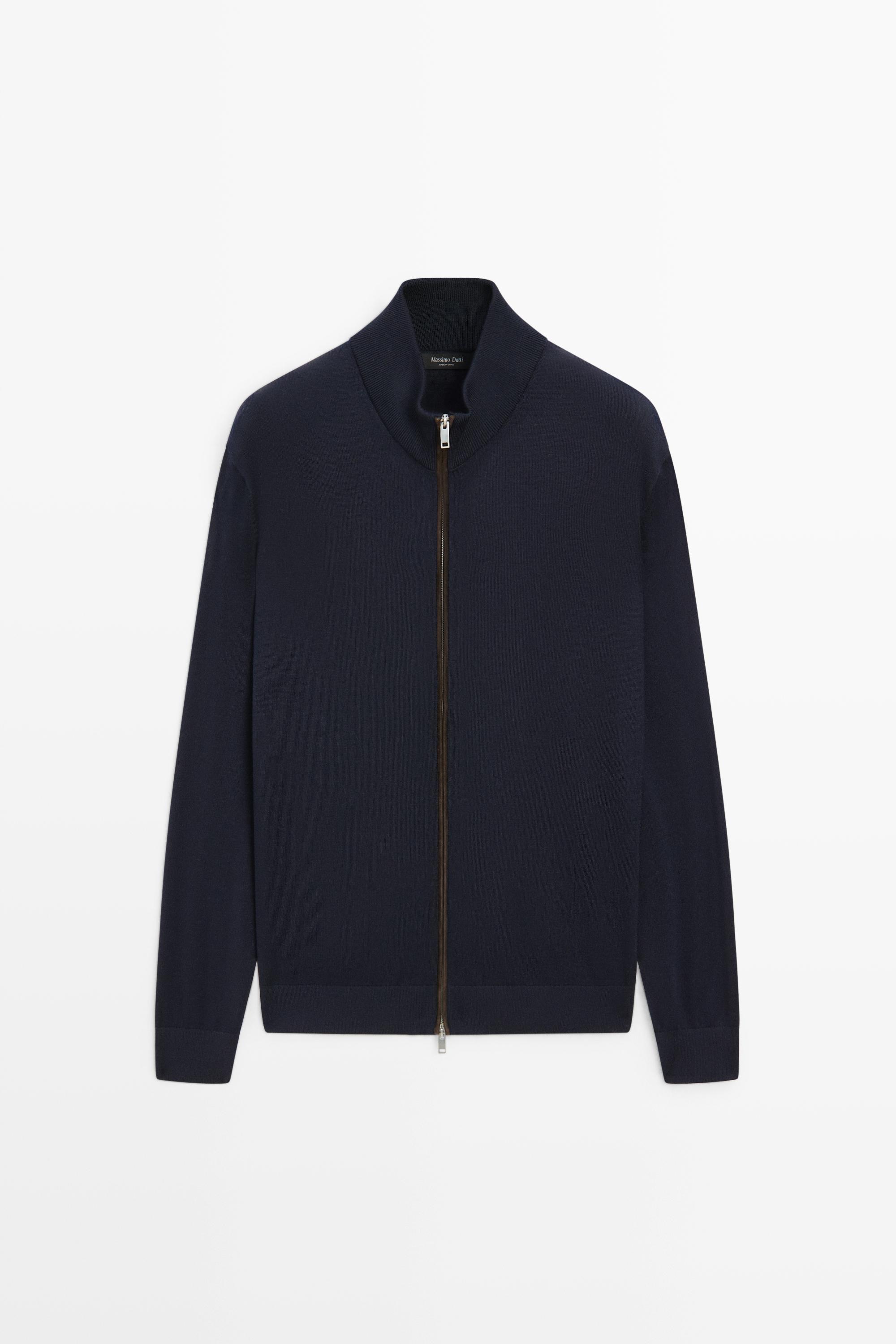 Merino wool blend zip-up knit cardigan Navy Blue