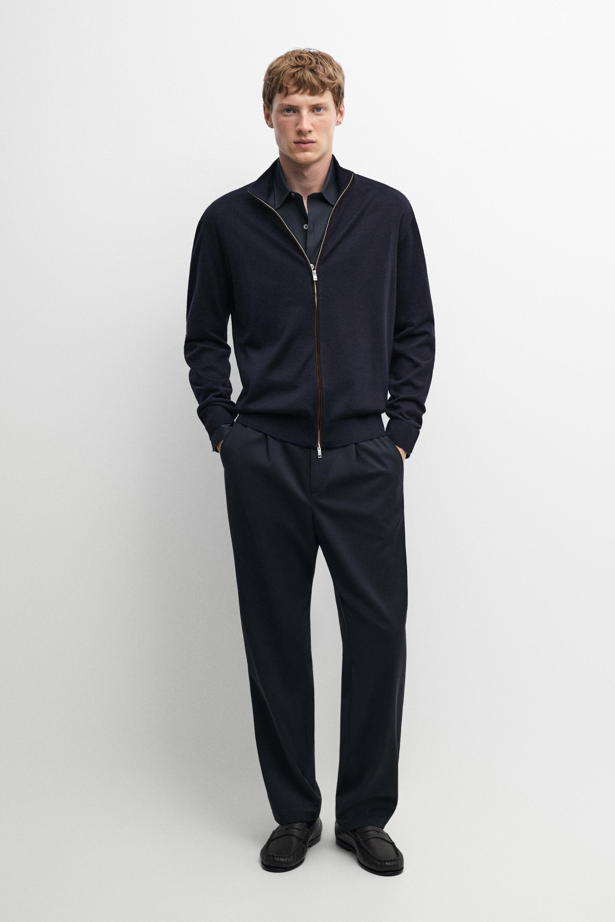 Merino wool blend zip-up knit cardigan Navy Blue