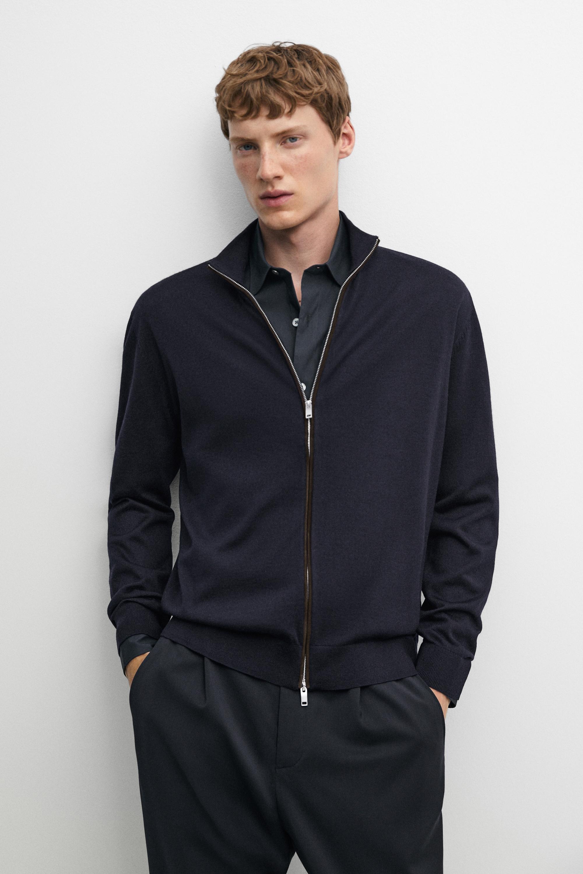 Merino wool blend zip-up knit cardigan Navy Blue