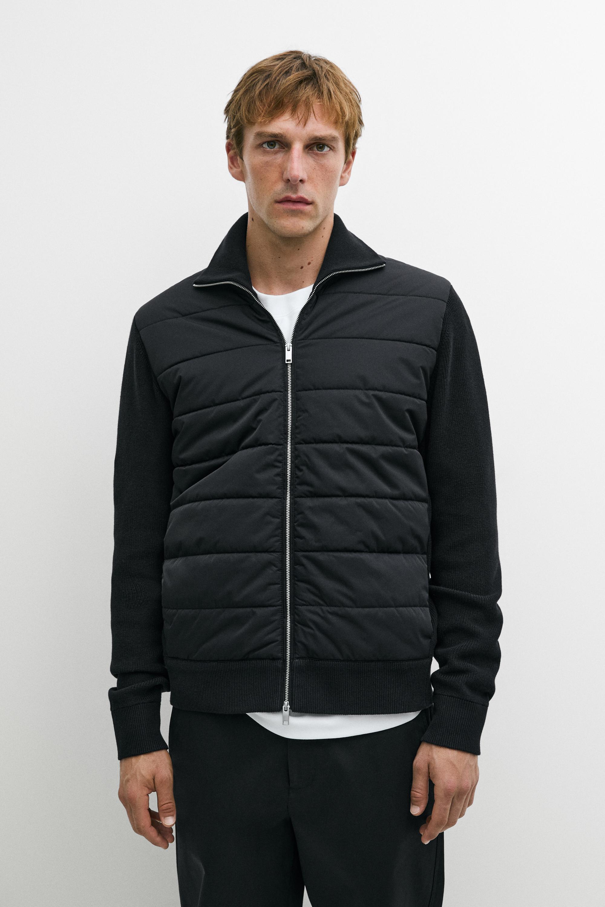 High neck mixed fabric cardigan Black