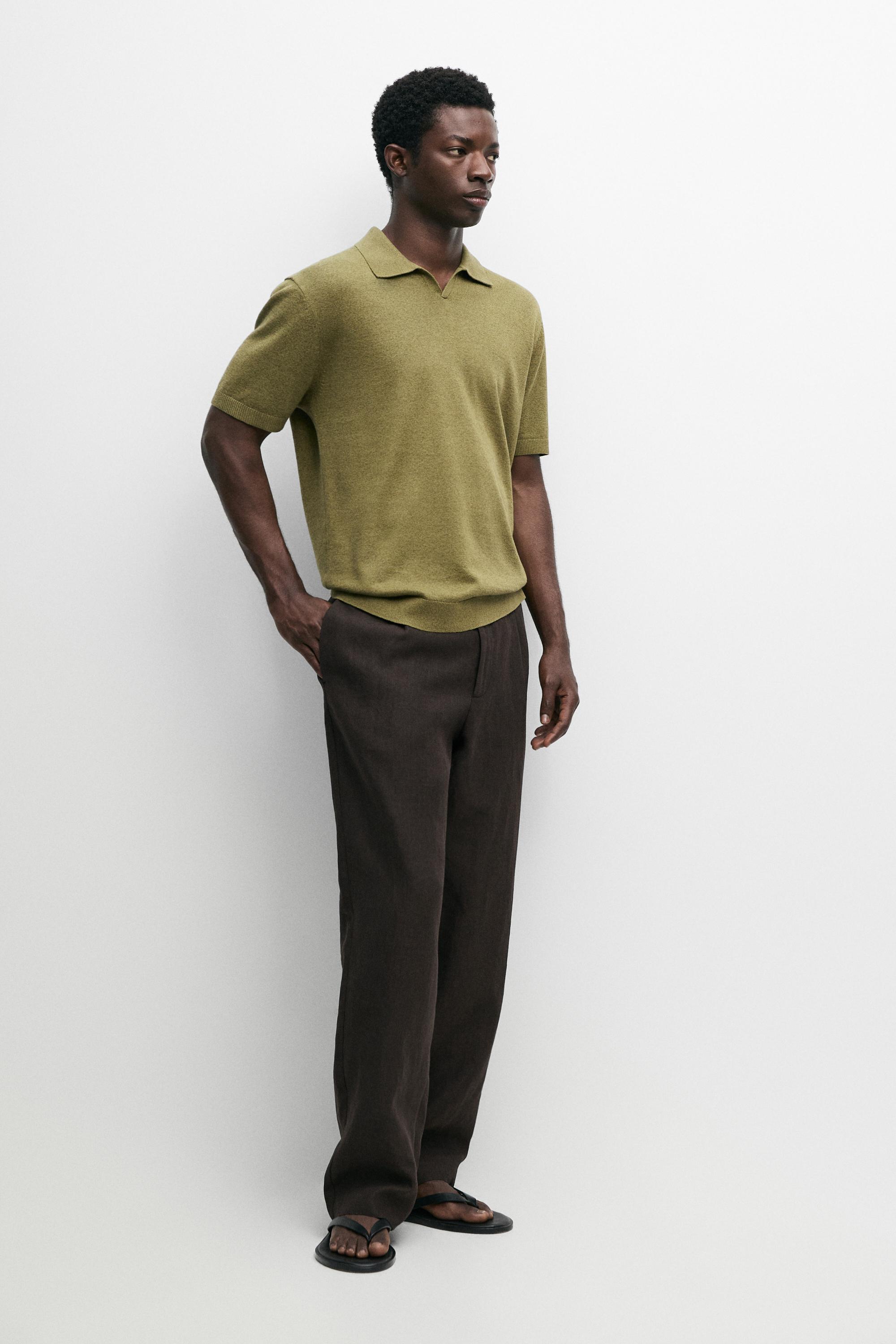 Linen blend knit polo sweater Olive
