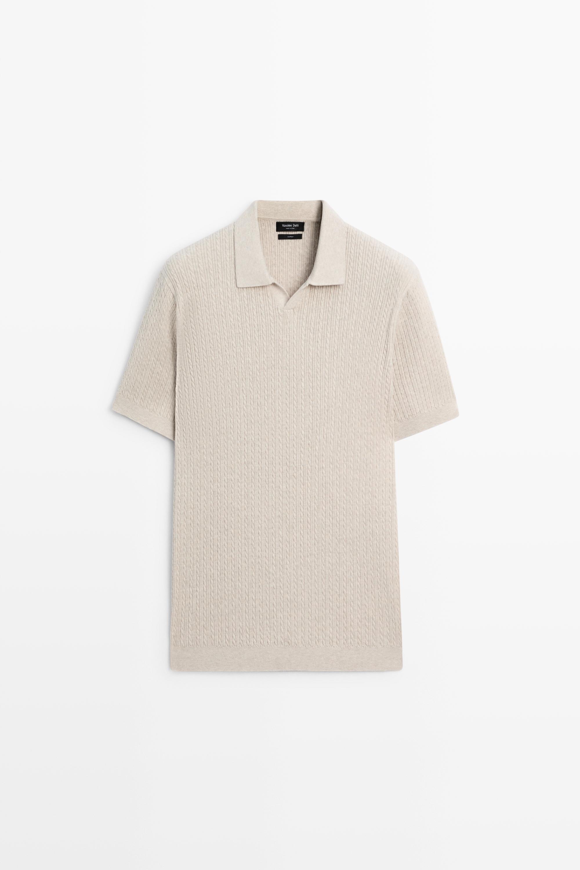 100% cotton cable-knit polo sweater Beige
