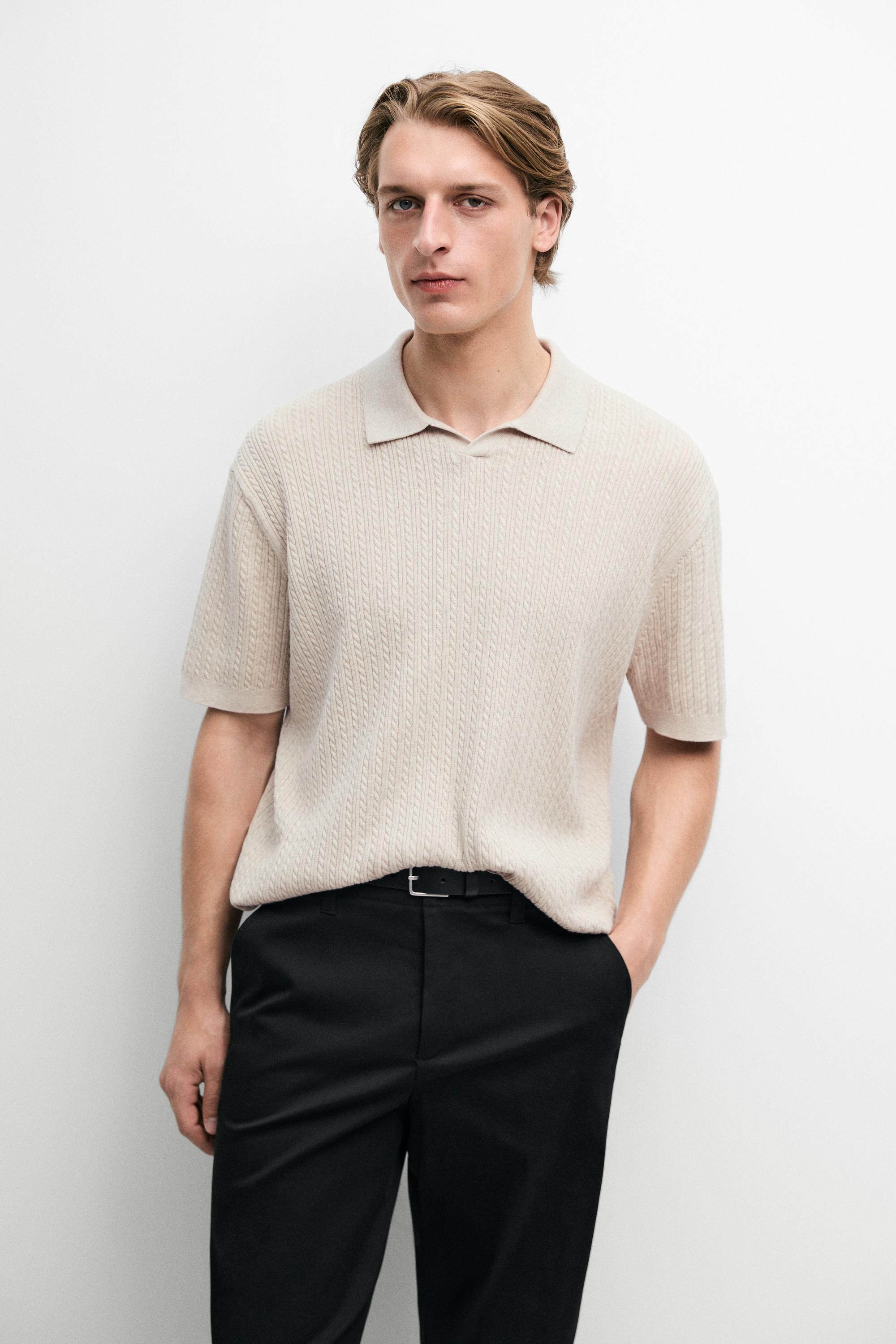 100% cotton cable-knit polo sweater Beige