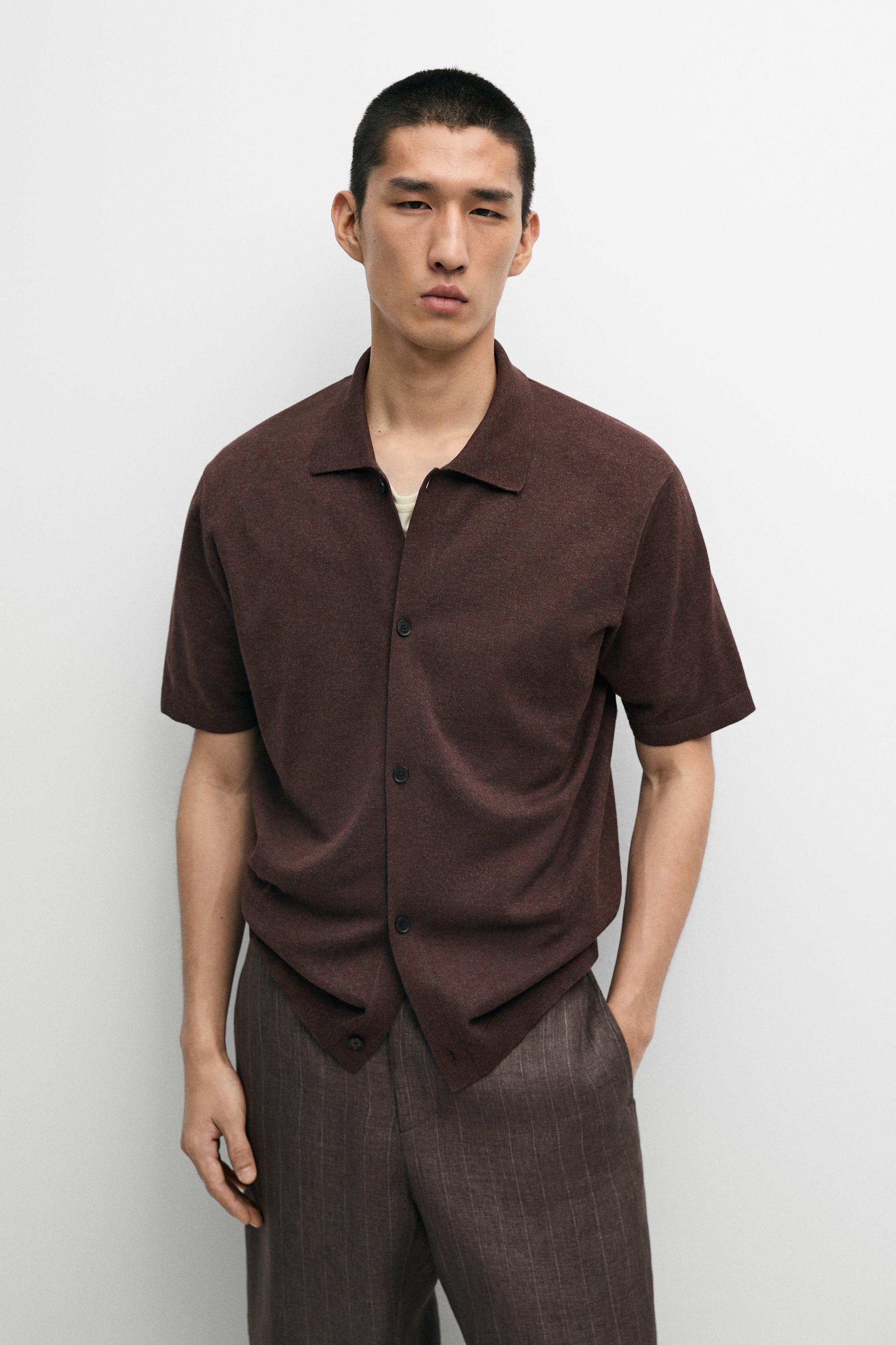 Short sleeve button-up knit cardigan Mahogany