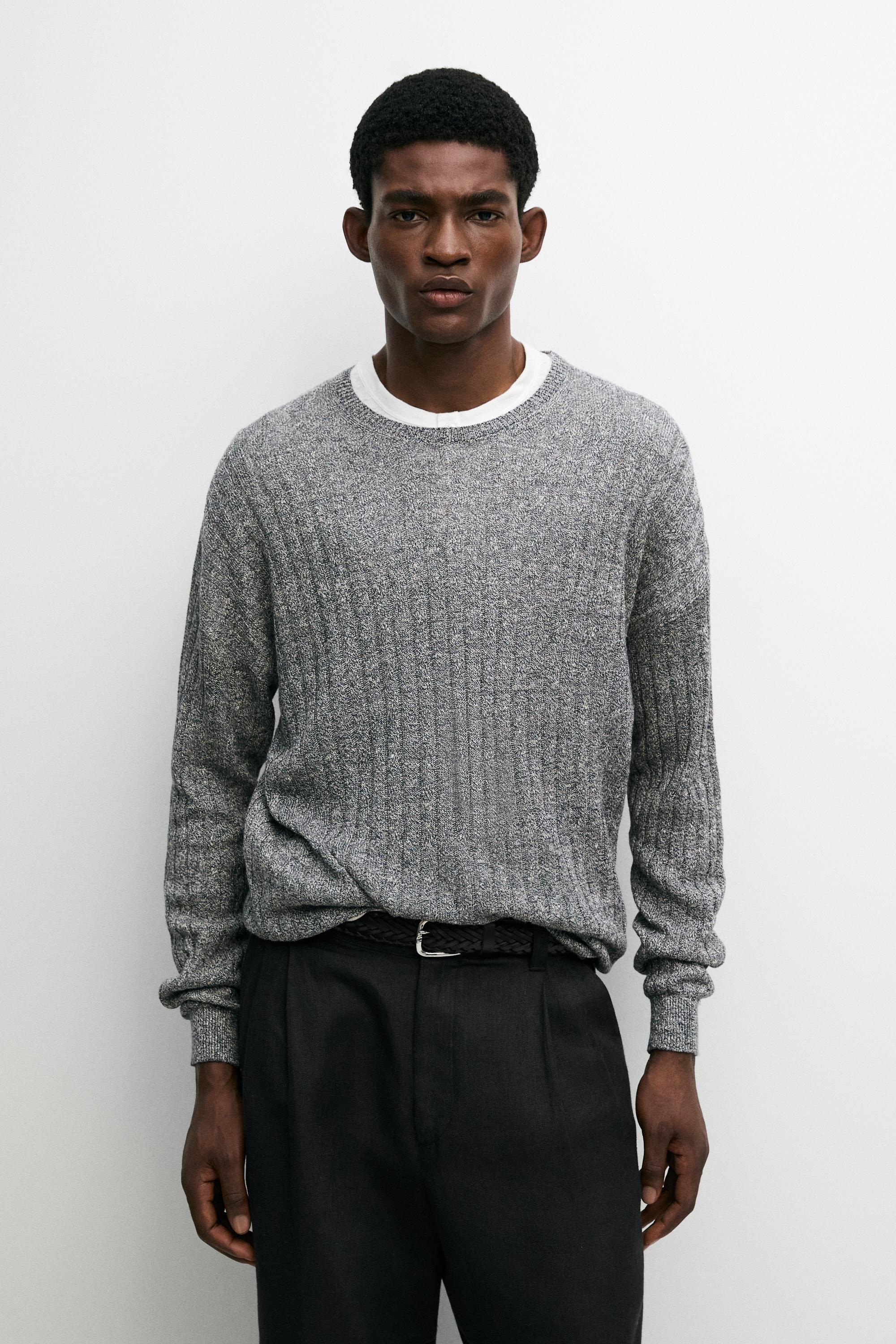 Linen cotton mouliné knit sweater Navy Blue