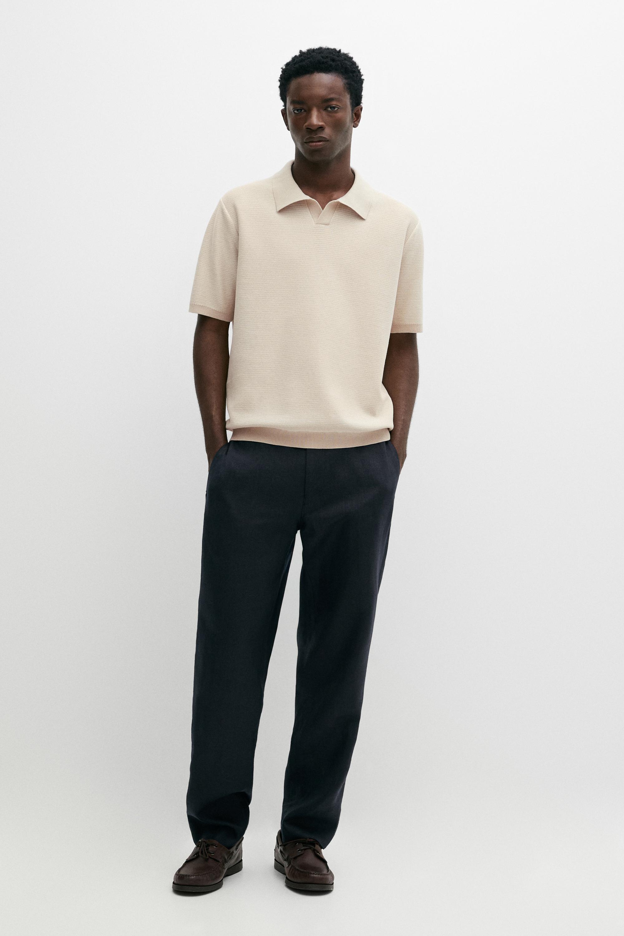 100% cotton contrast knit polo sweater Cream