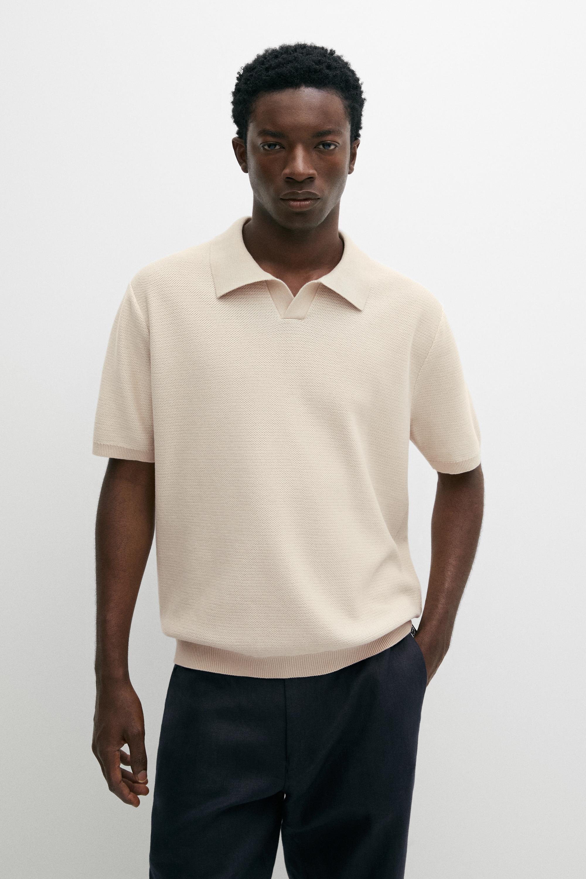 100% cotton contrast knit polo sweater Cream