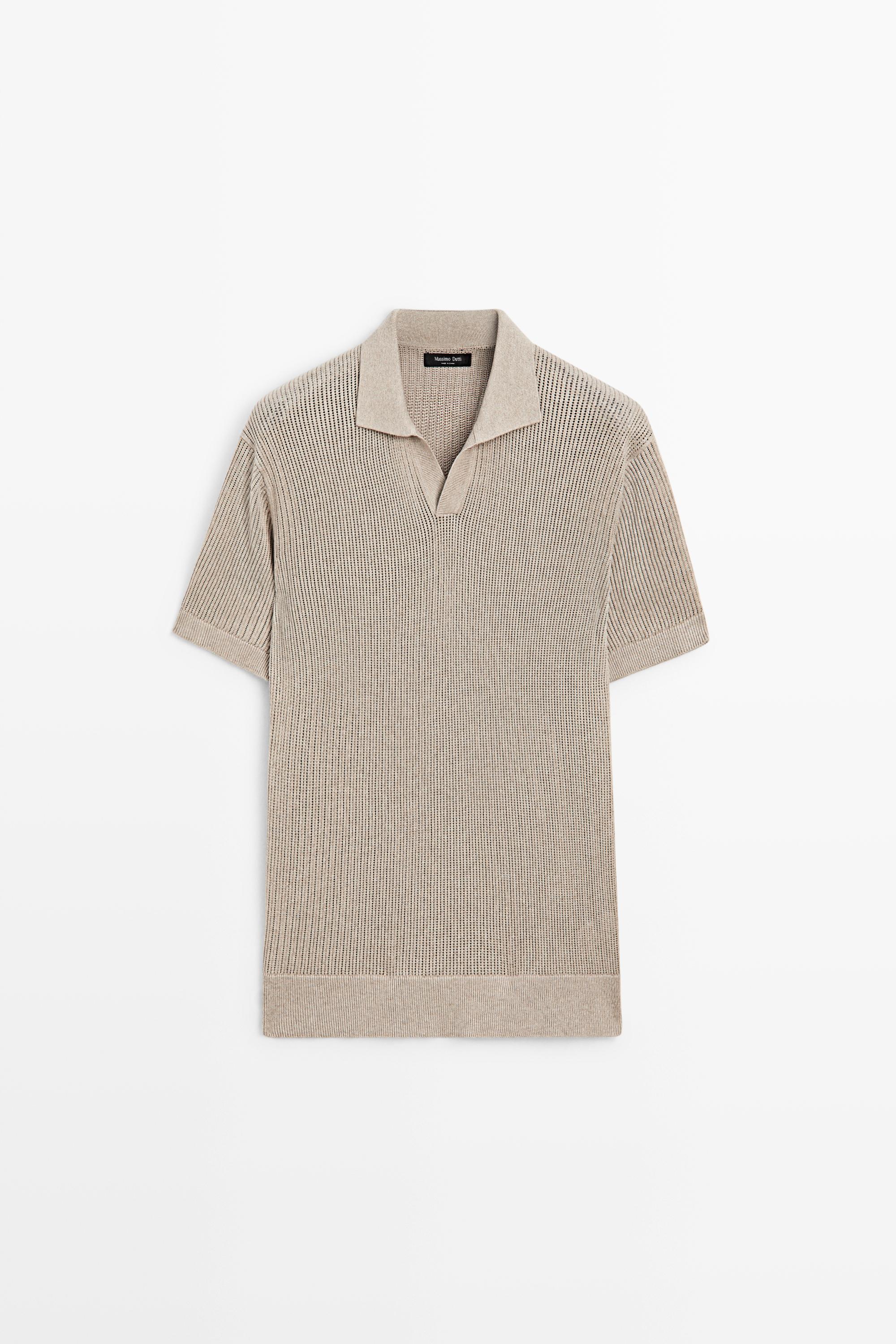 Cotton-blend V-neck knit polo shirt Mink