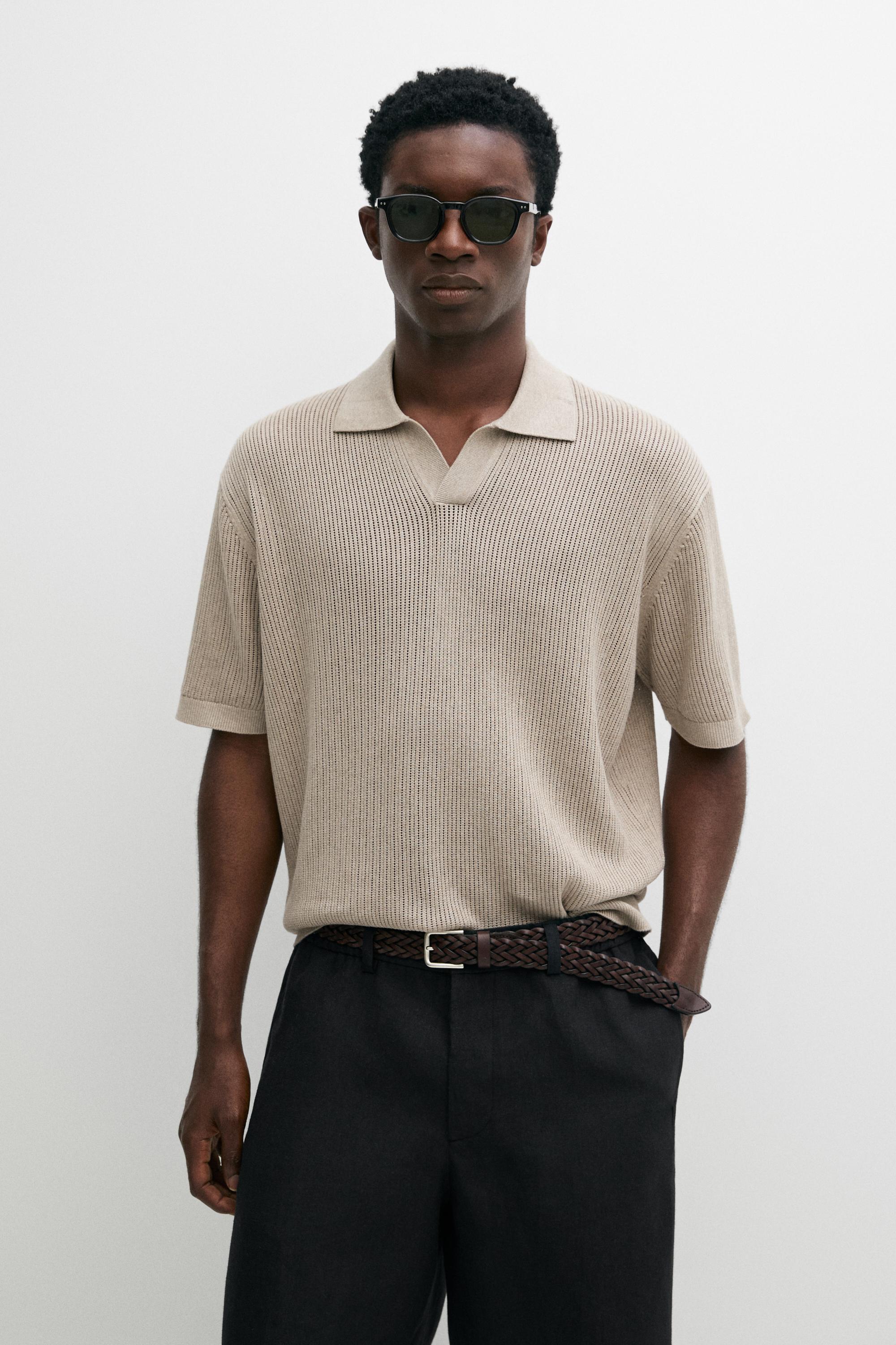 Cotton-blend V-neck knit polo shirt Mink