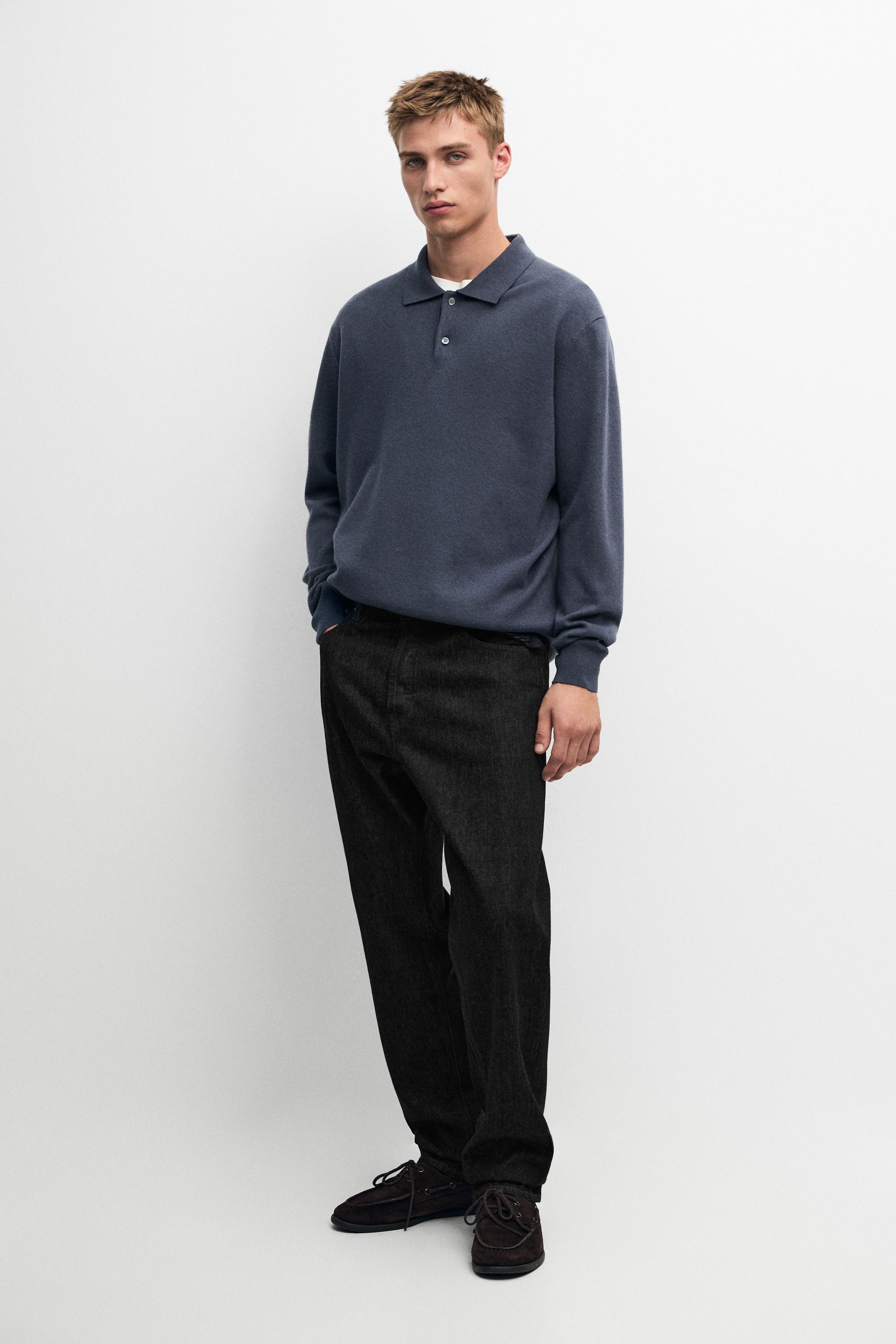Wool blend knit polo sweater Dark Blue