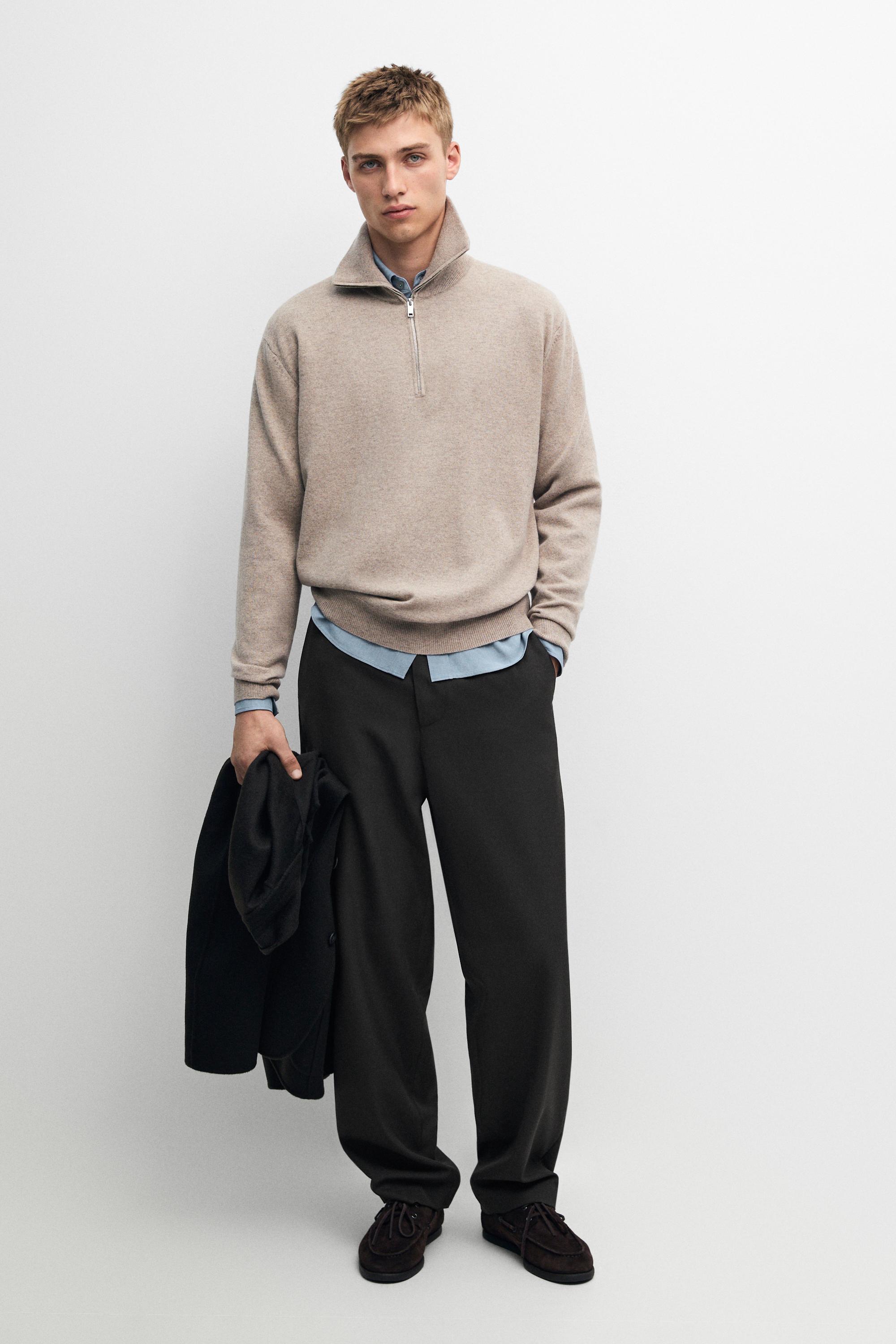 Mock neck zip-up knit sweater Sand