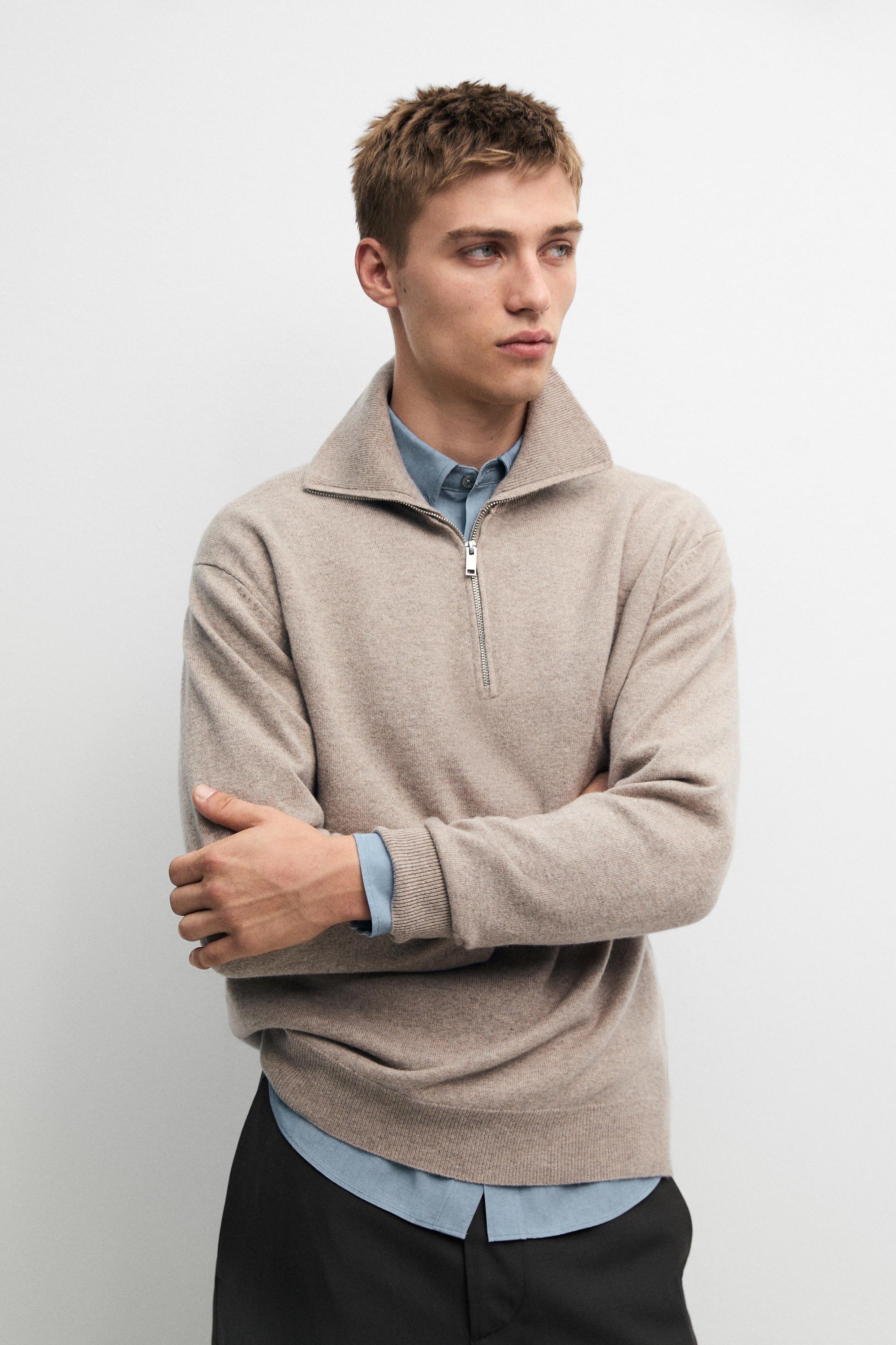 Mock neck zip-up knit sweater Sand