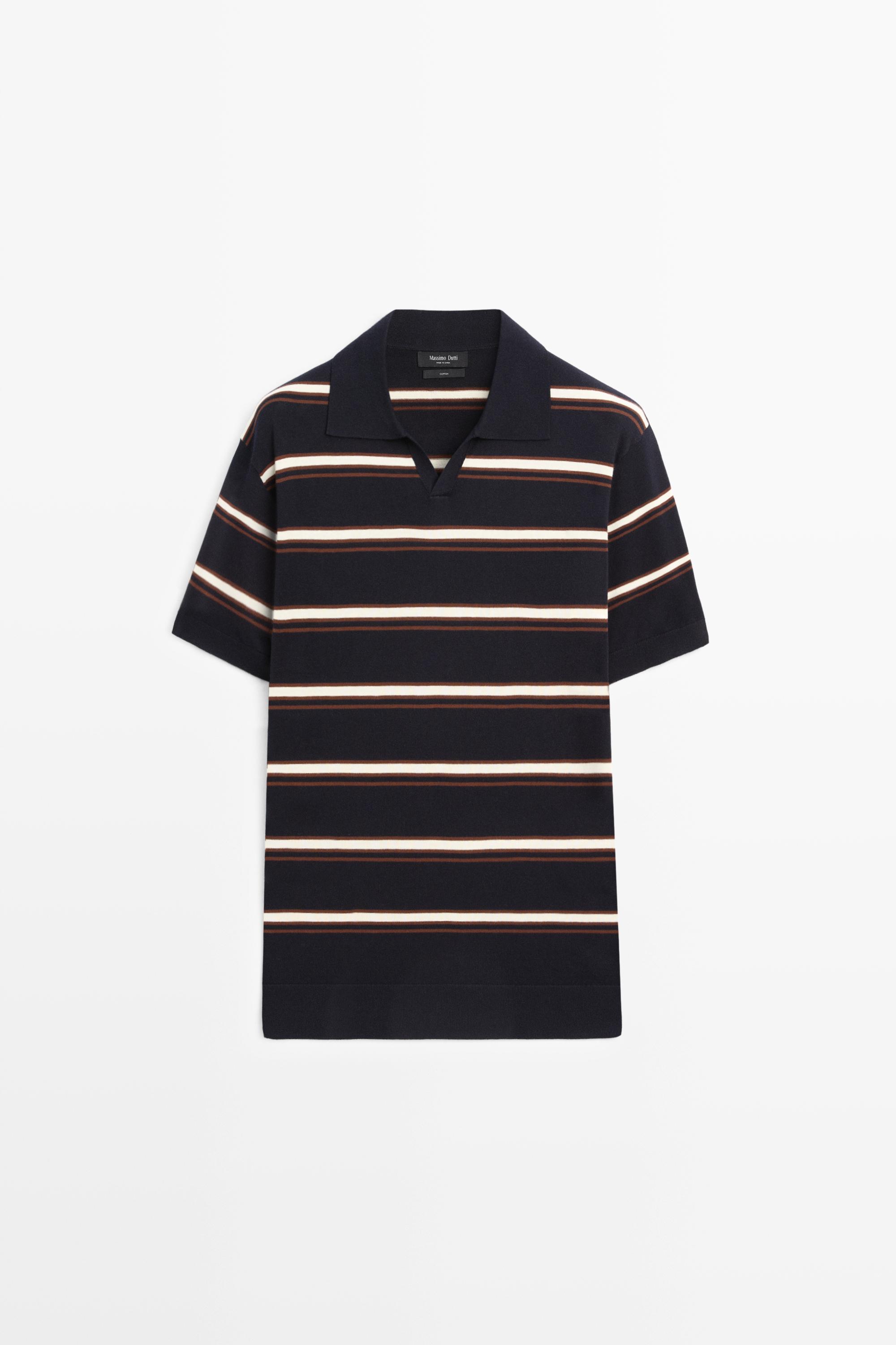Striped V-neck knit polo shirt Navy Blue