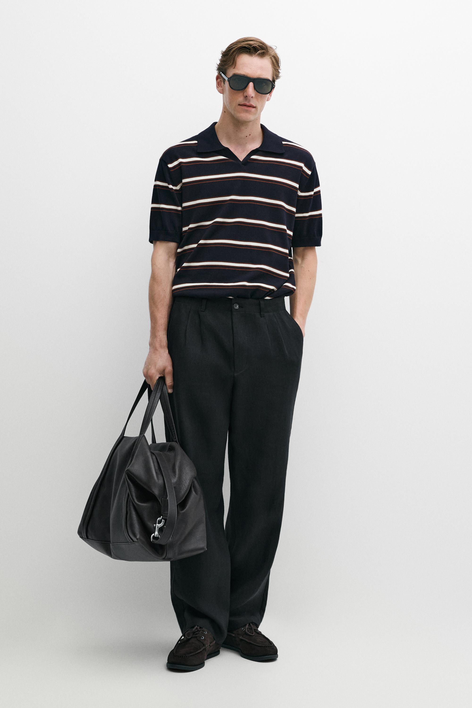 Striped V-neck knit polo shirt Navy Blue