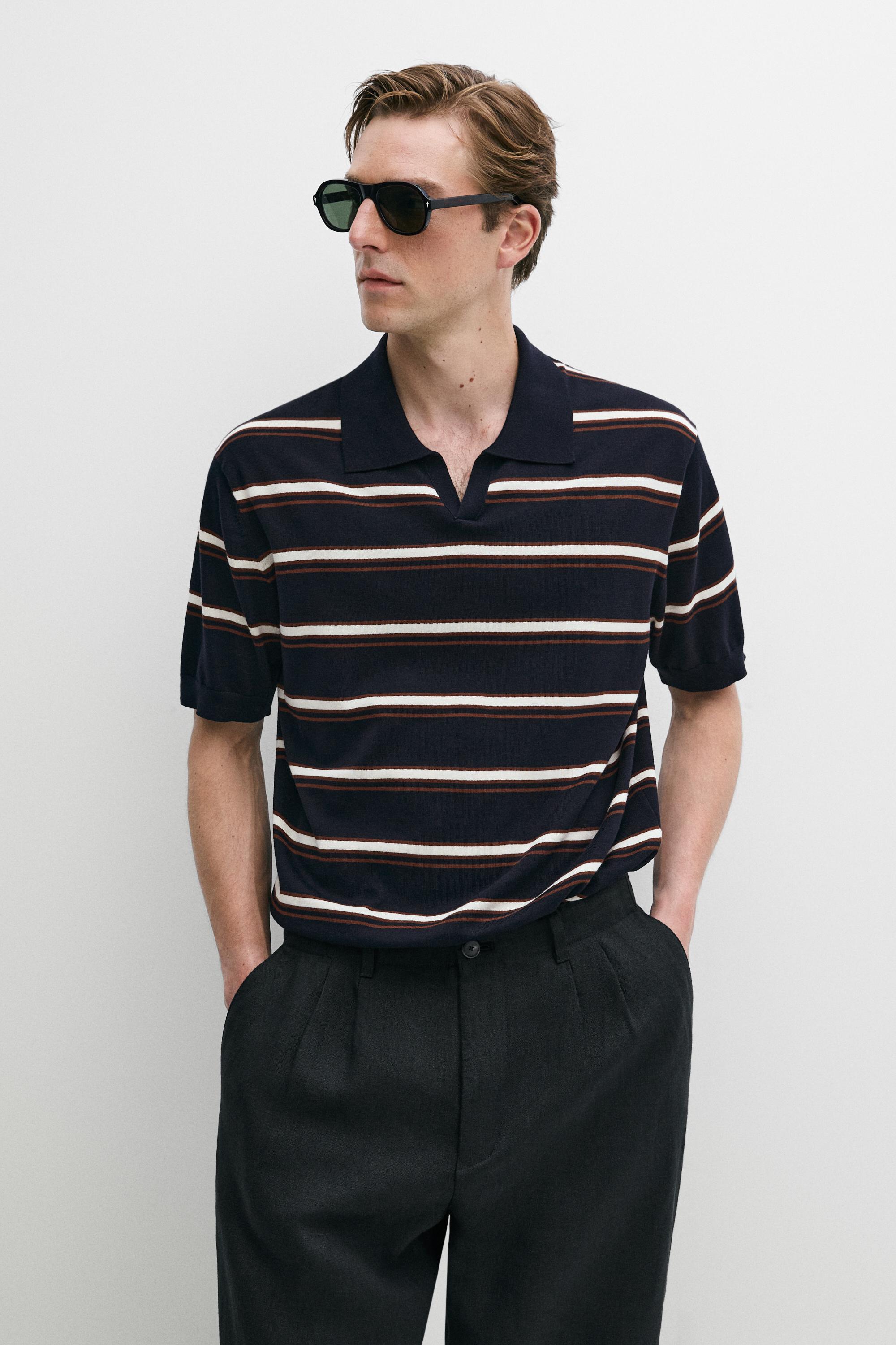 Striped V-neck knit polo shirt Navy Blue