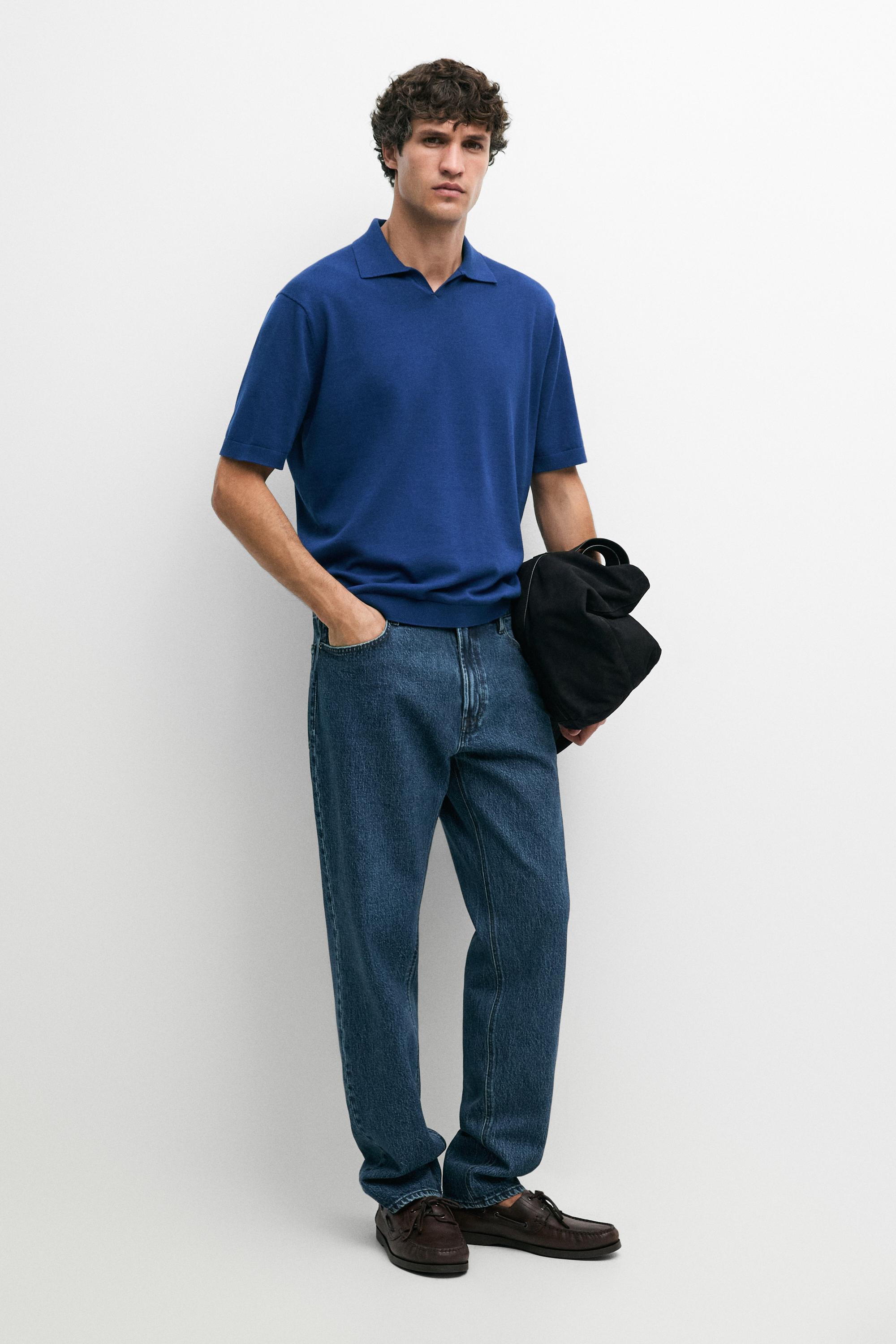 100% cotton V-neck knit polo Electric Blue