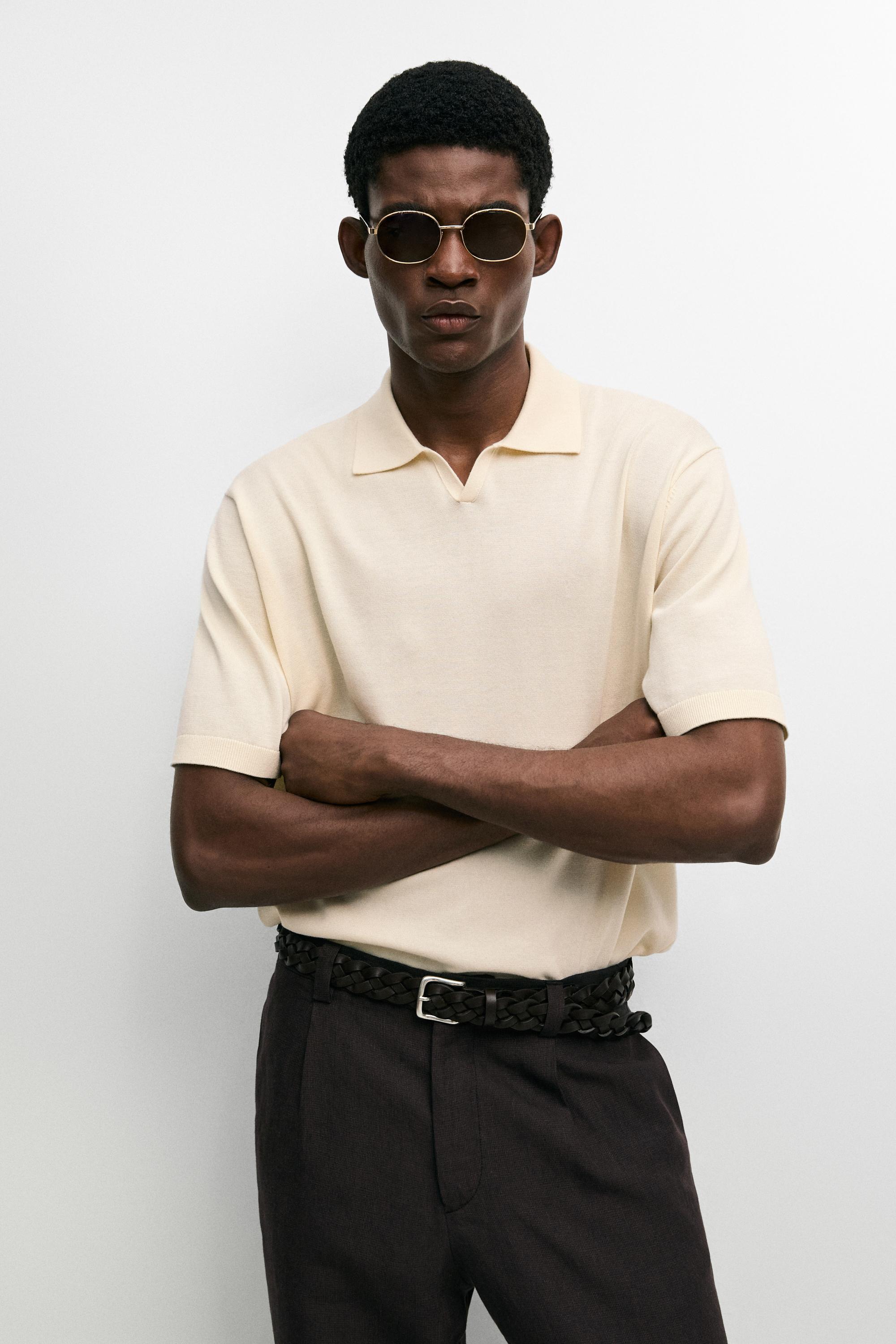 100% cotton V-neck knit polo Cream