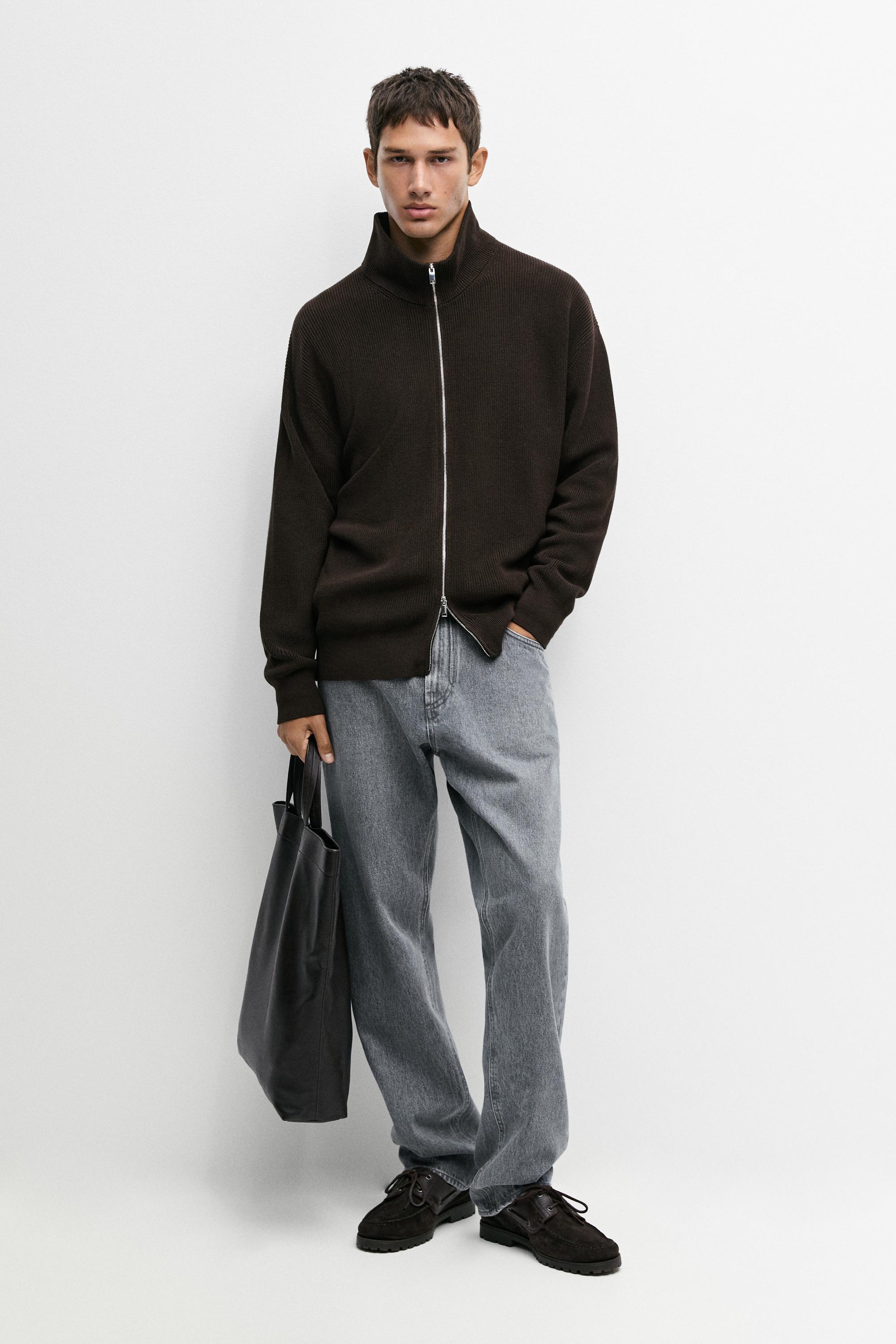 100% cotton ribbed knit cardigan Brown Marl