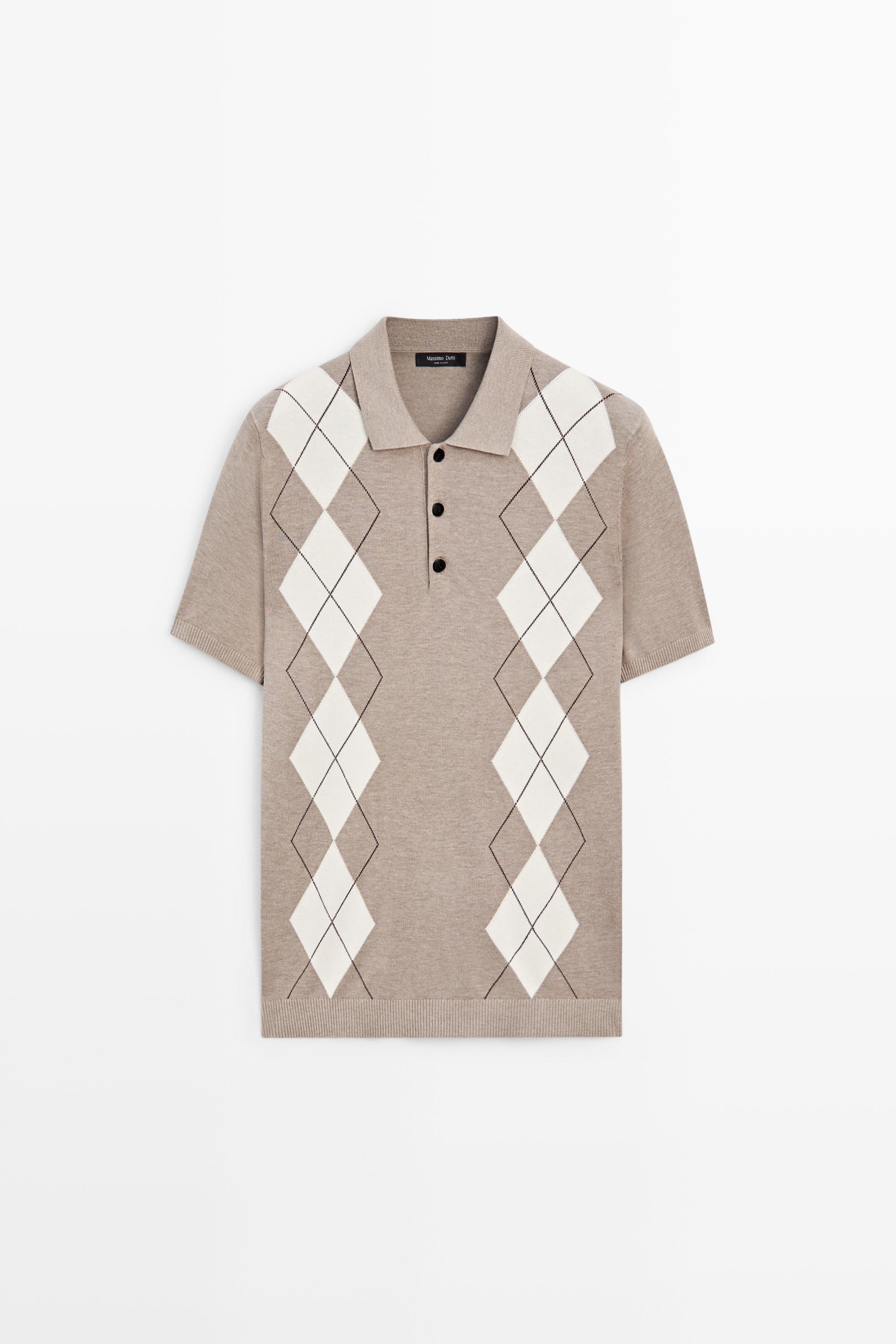 Cotton blend diamond pattern short sleeve polo shirt Beige Marl