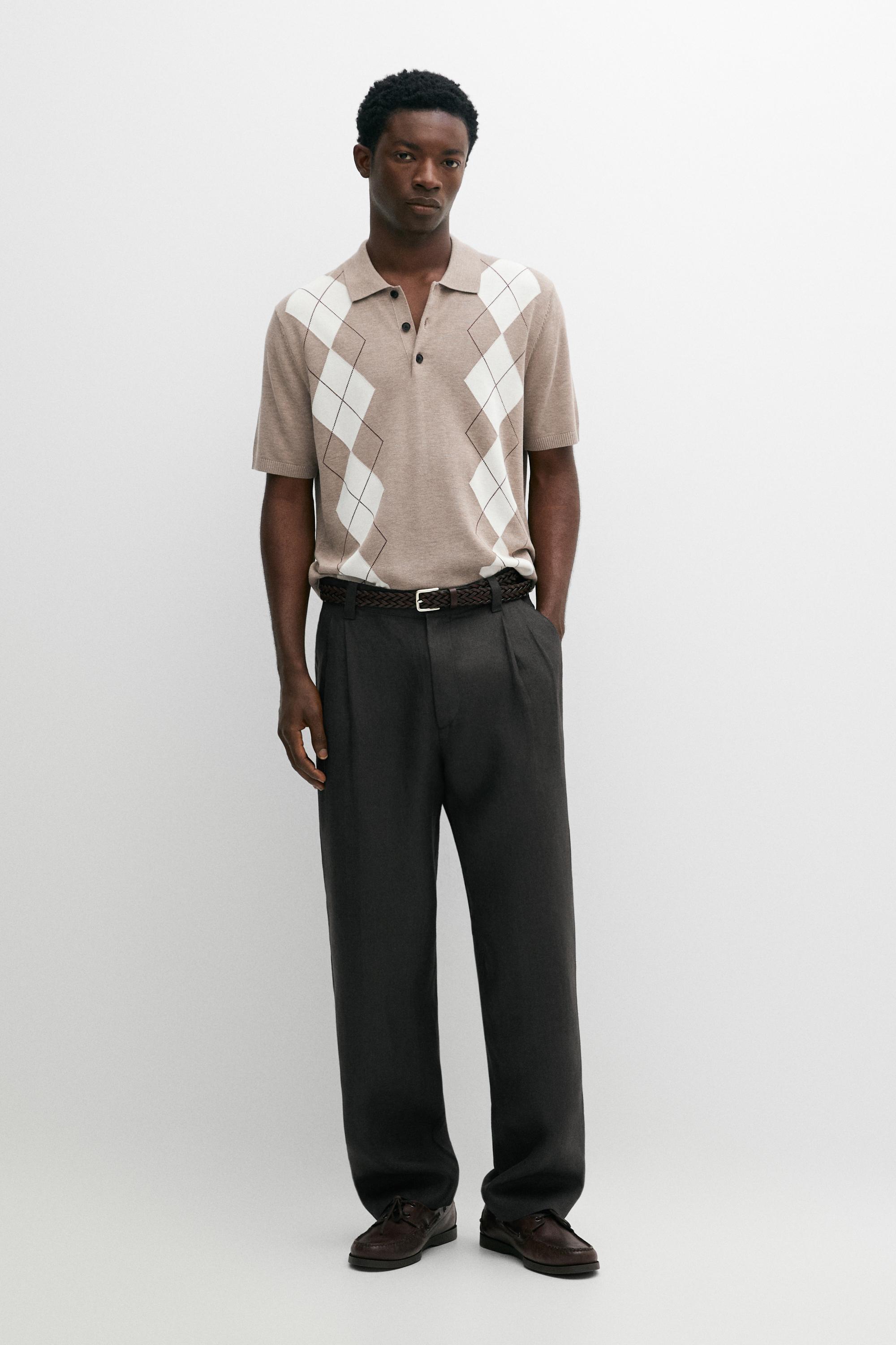 Cotton blend diamond pattern short sleeve polo shirt Beige Marl