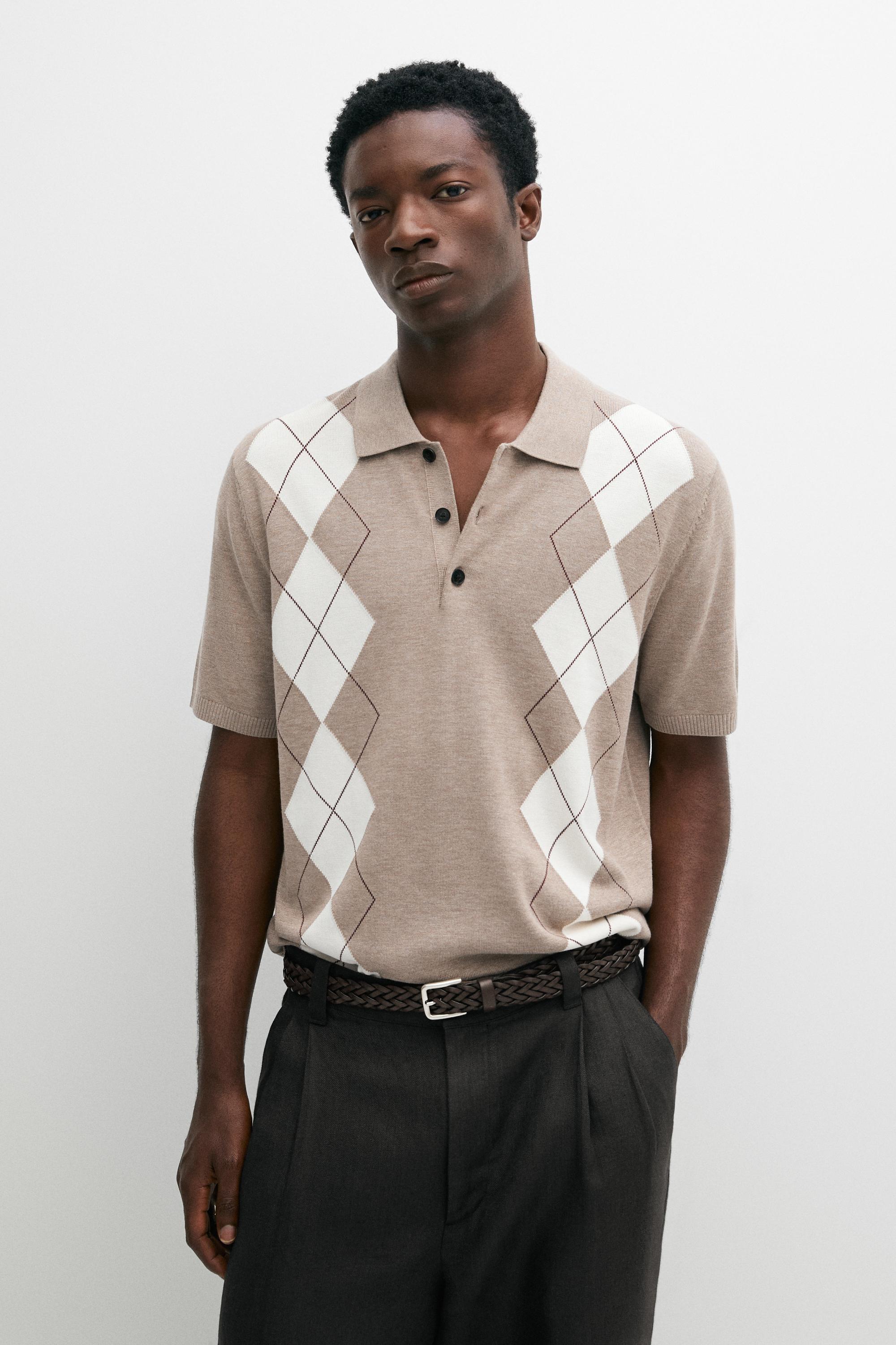 Cotton blend diamond pattern short sleeve polo shirt Beige Marl