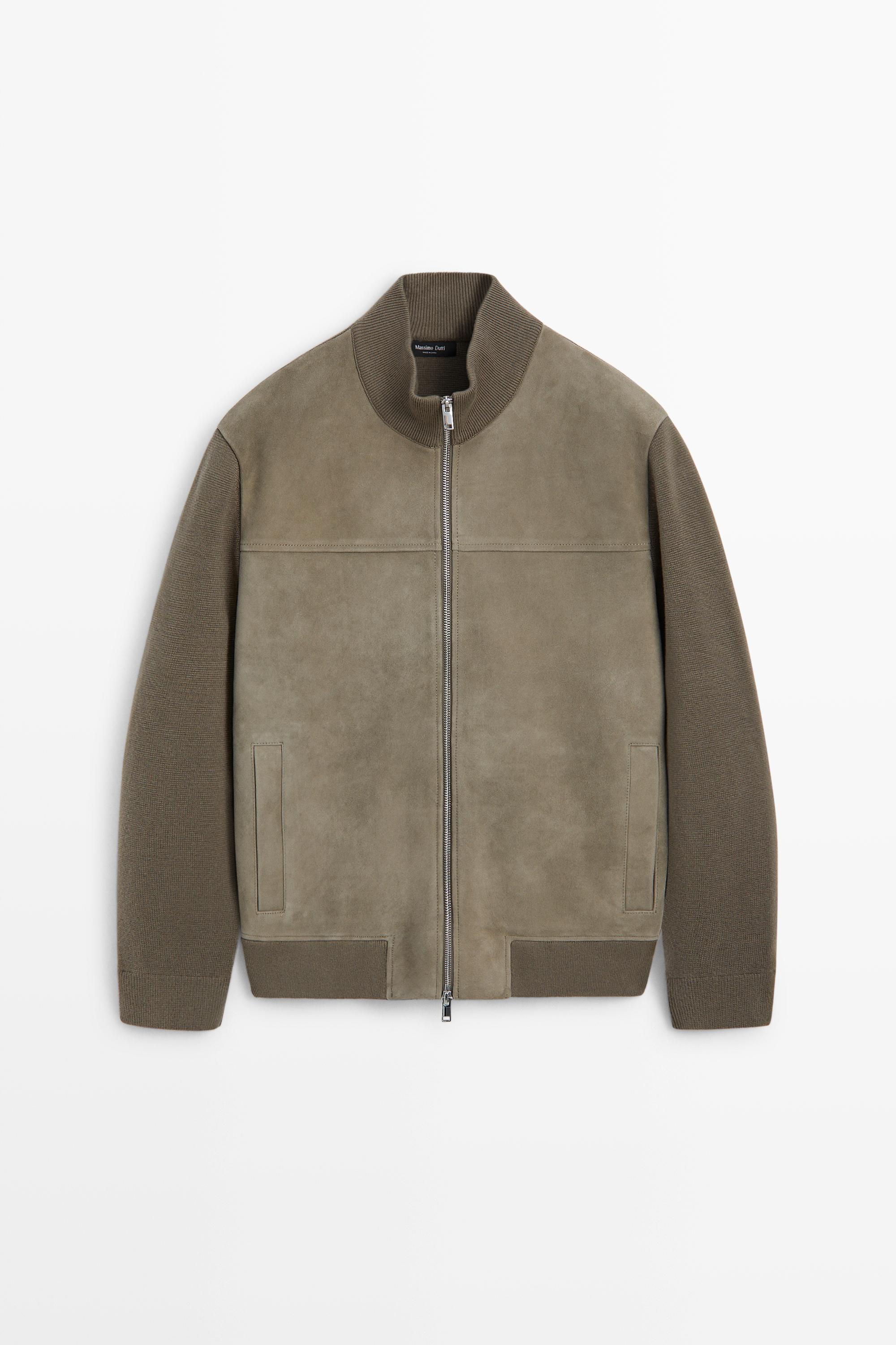 Combined suede leather knit cardigan Green