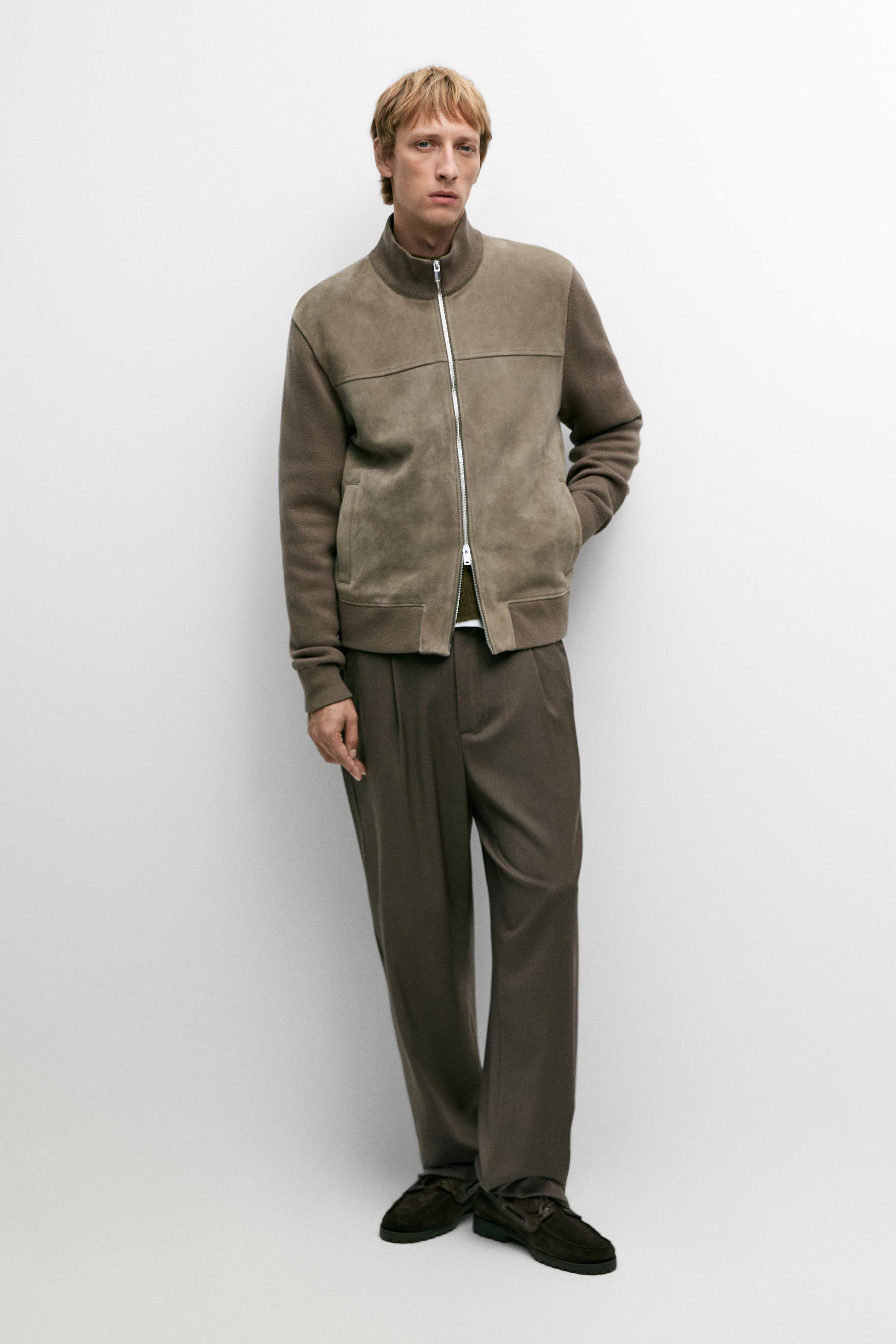 Combined suede leather knit cardigan Green