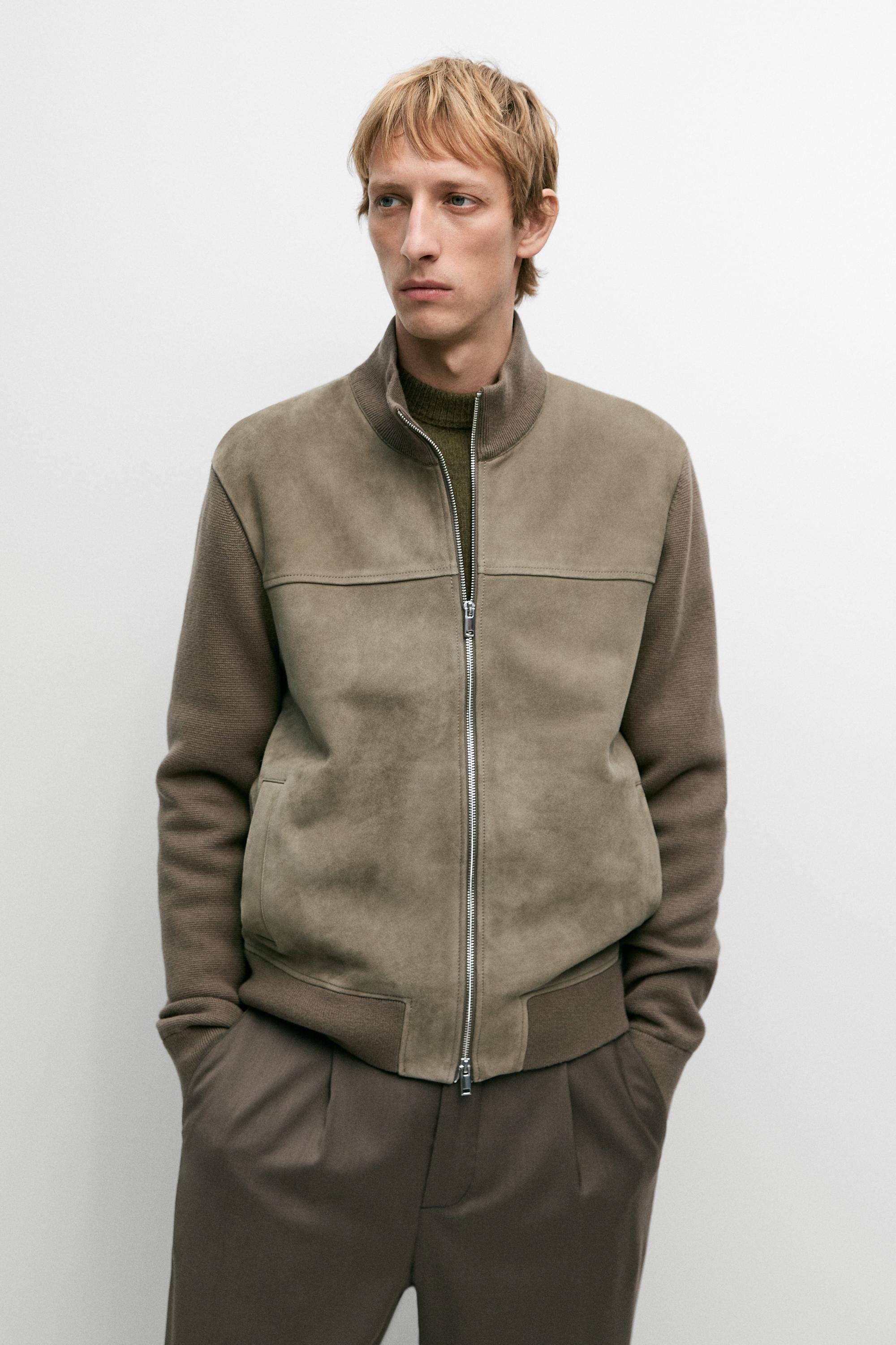 Combined suede leather knit cardigan Green