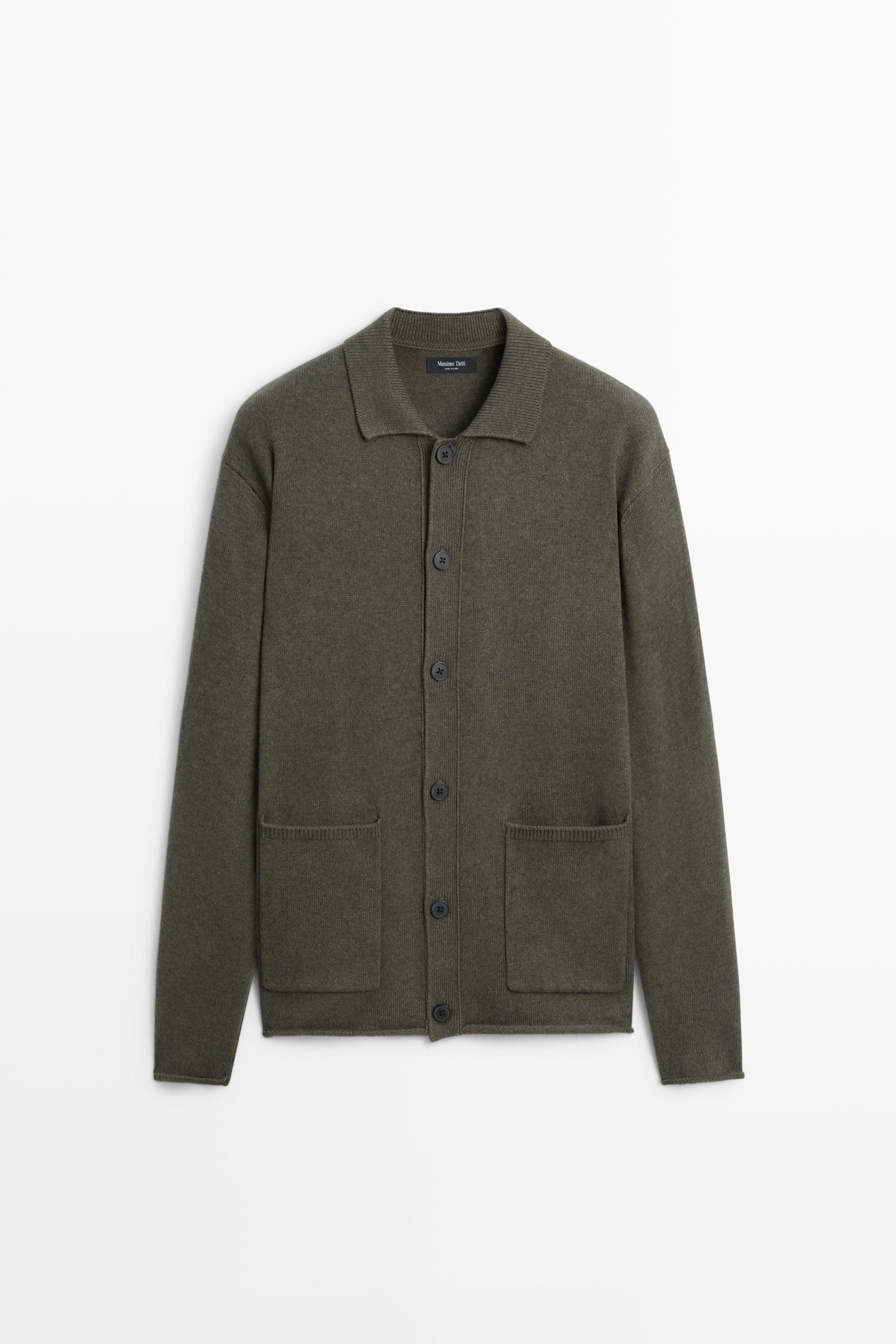 Wool blend polo collar cardigan Khaki