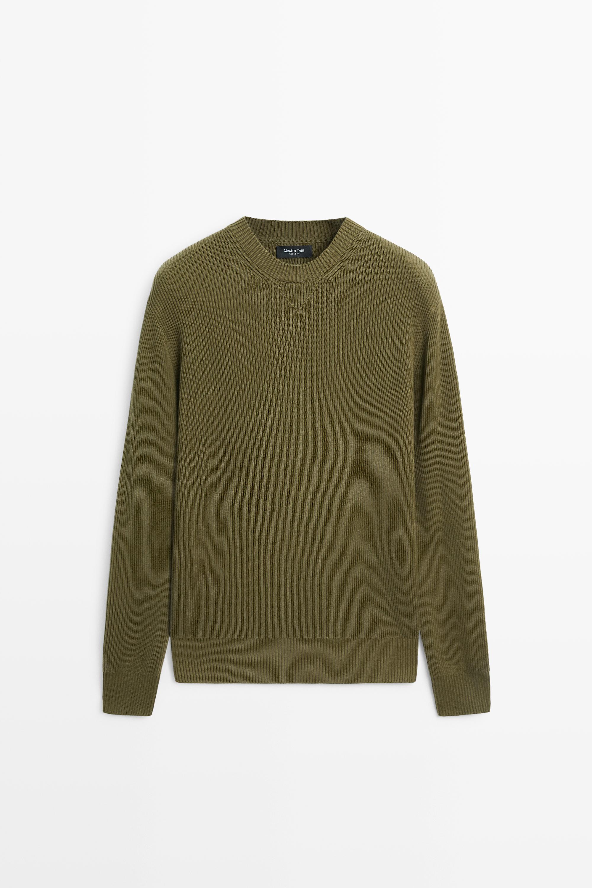 Cotton blend ribbed knit sweater Khaki