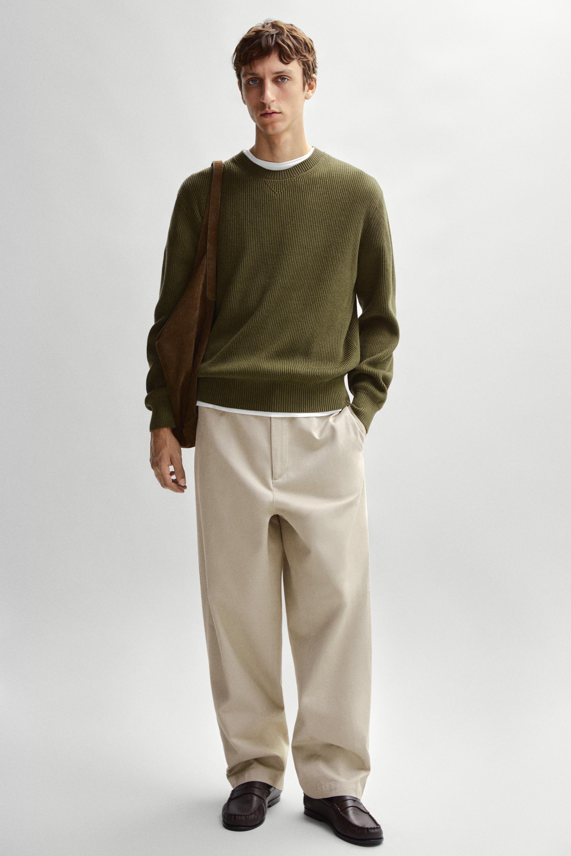 Cotton blend ribbed knit sweater Khaki