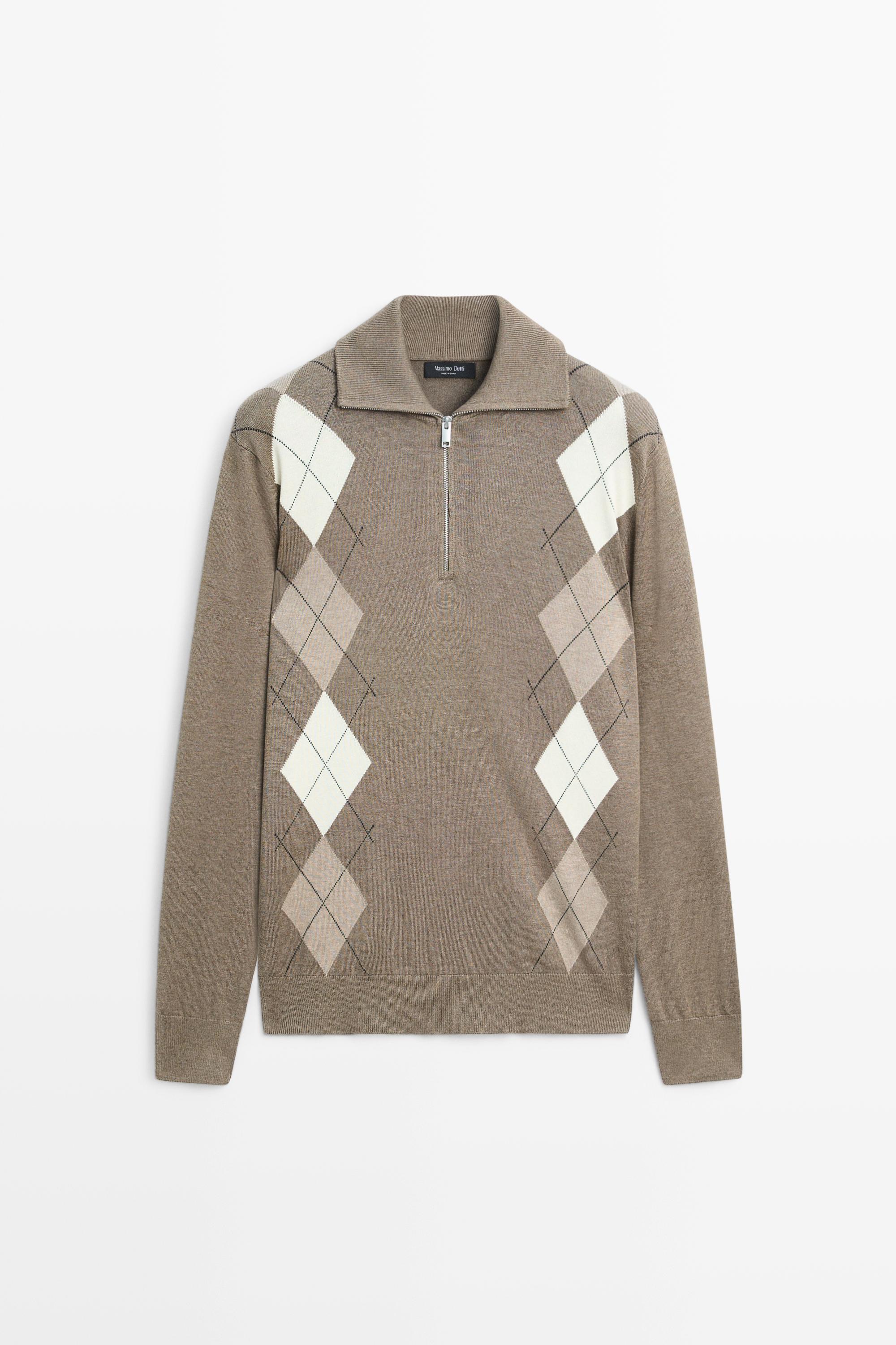 Argyle quarter-zip knit sweater Khaki