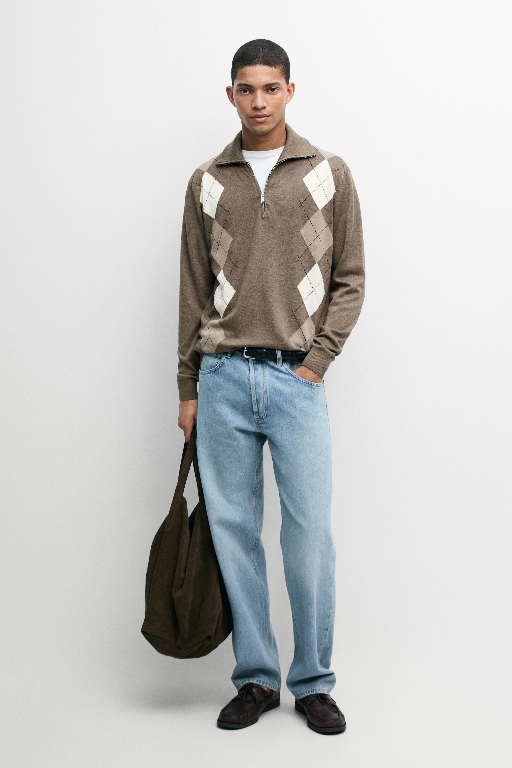 Argyle quarter-zip knit sweater Khaki