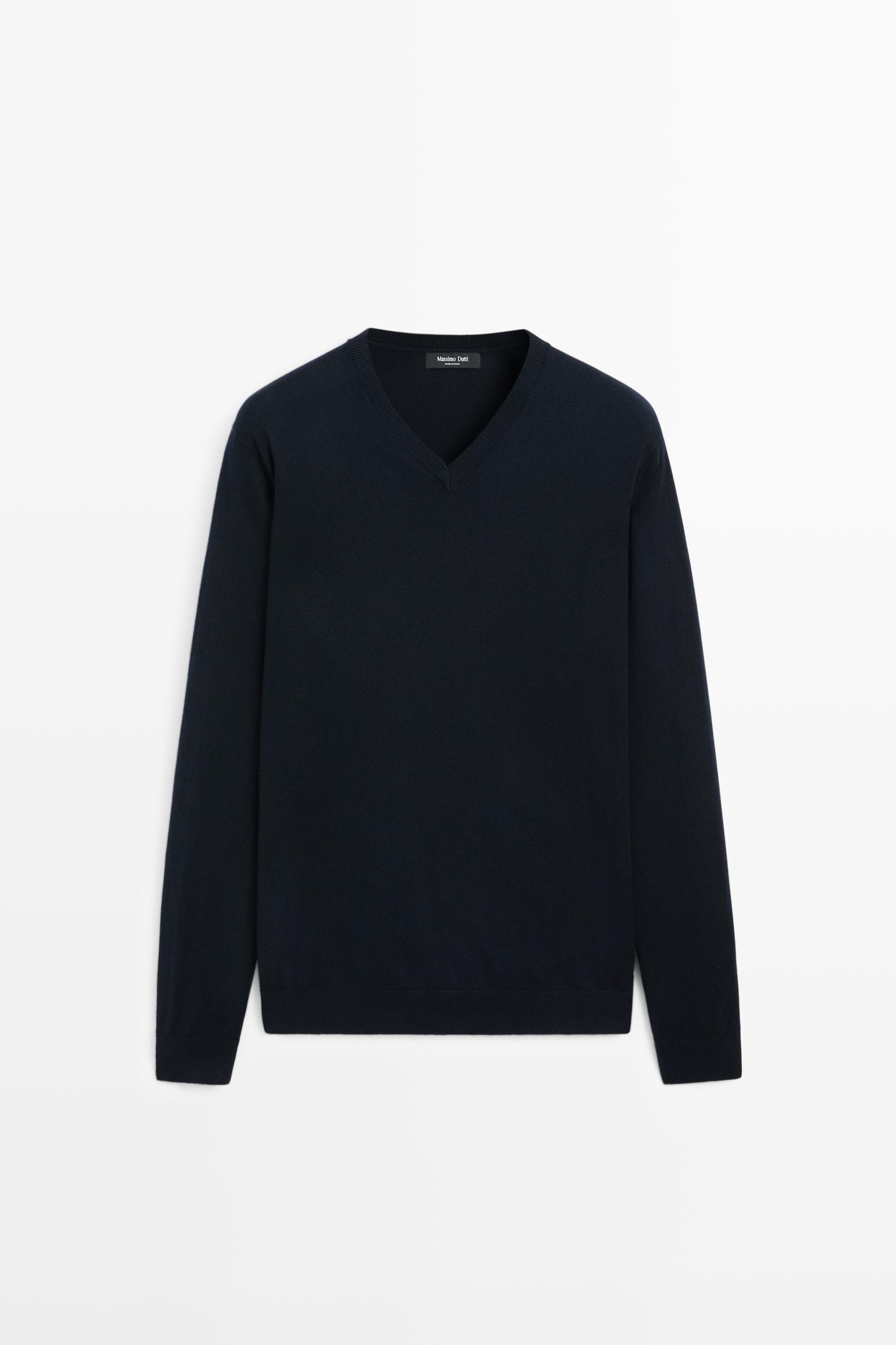 Cotton blend V-neck knit sweater Navy Blue